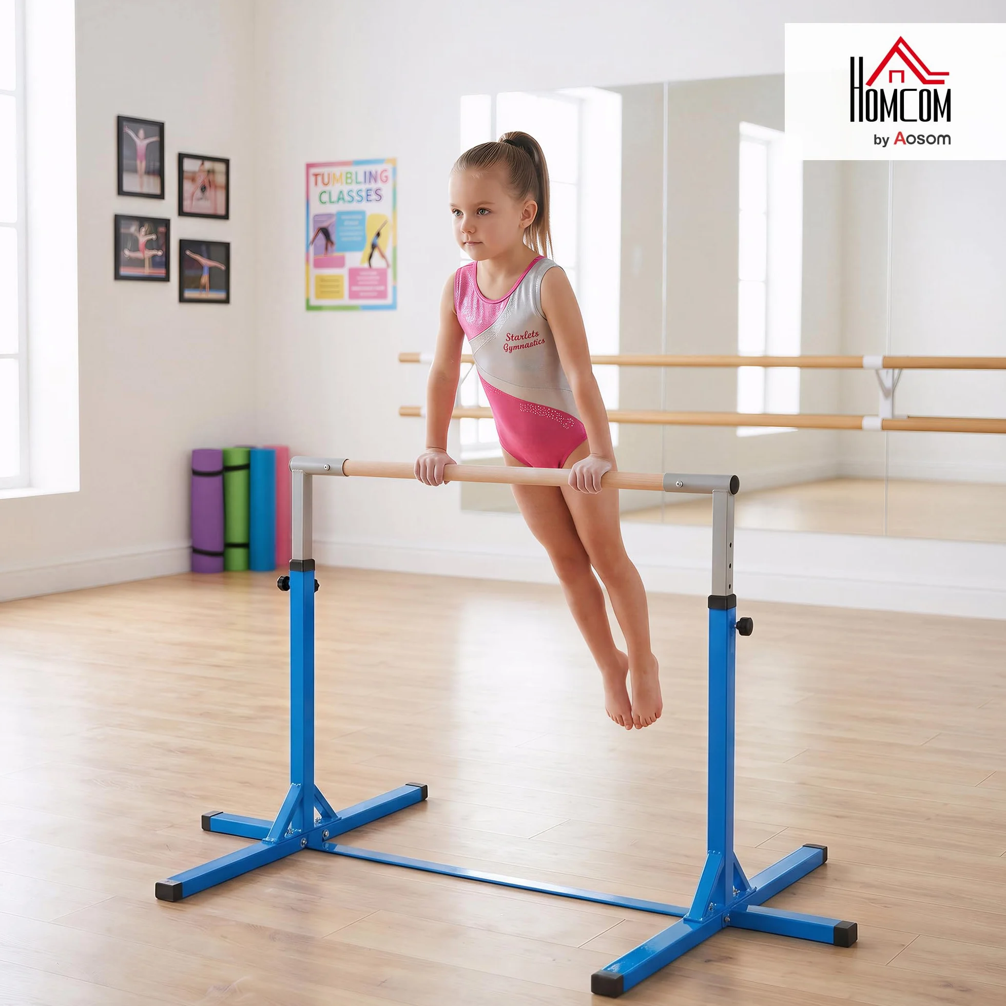 HOMCOM Barra da Ginnastica Artistica per Bambini 3+ Anni Altezza Regolabile 92-150 cm Acciaio Legno Massello Faggio Sbarra Orizzontale Danza Attrezzatura Palestra Antiscivolo
