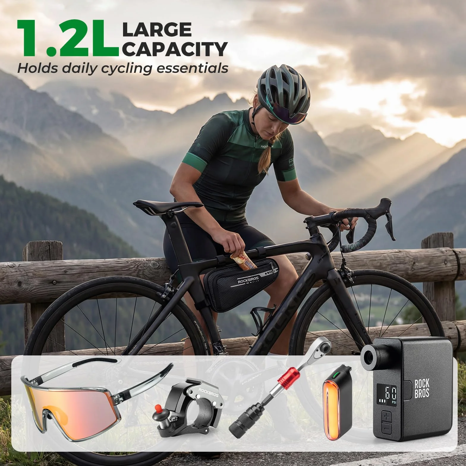 ROCKBROS Borsa da Telaio Triangolo per Bici MTB Triangolare 1.2L con Strisce Riflettenti