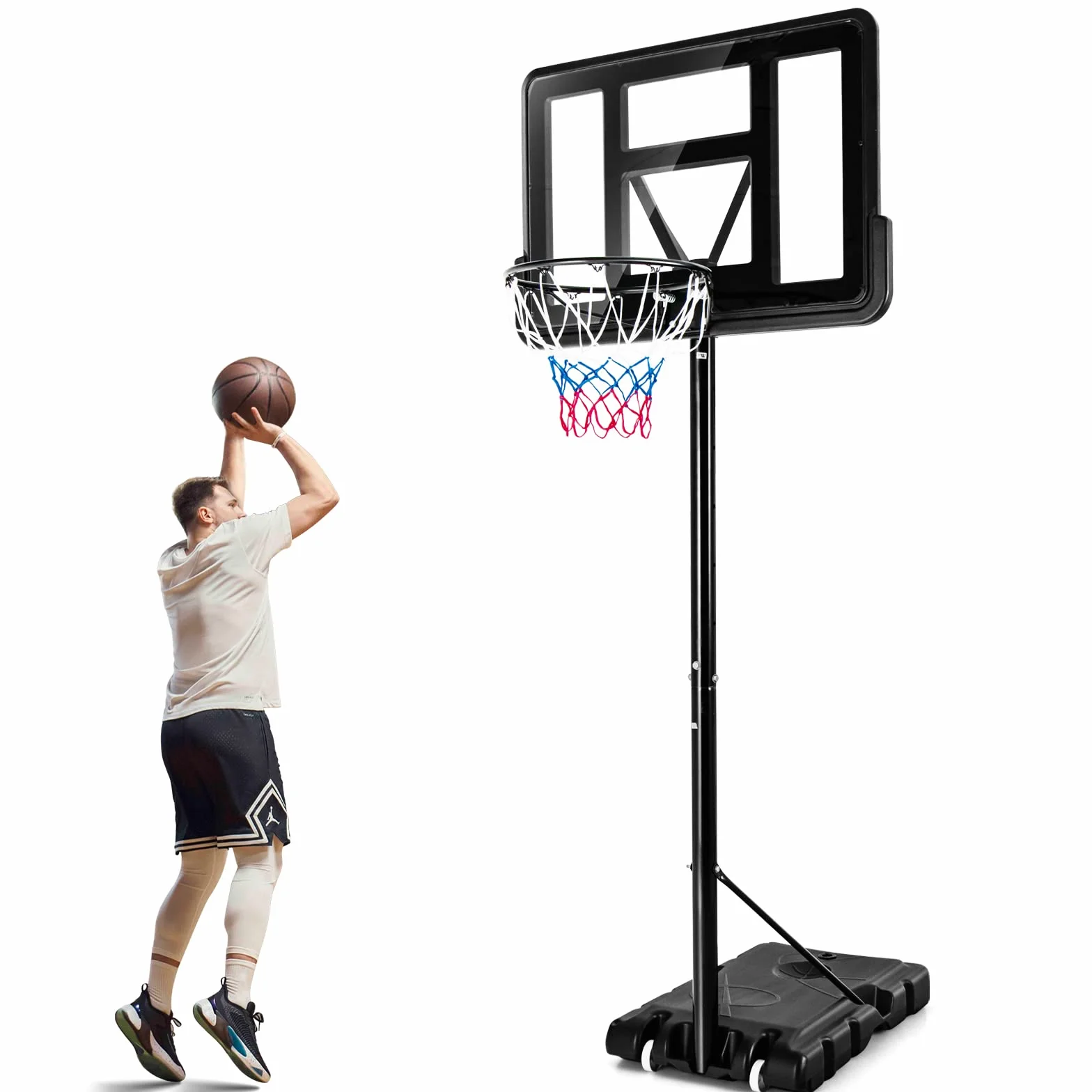 COSTWAY Canestro da Basket Portatile Regolabile in Altezza 1,3M-3,05M con Ruote Tabellone Infrangibile e Retina Durevole, Nero