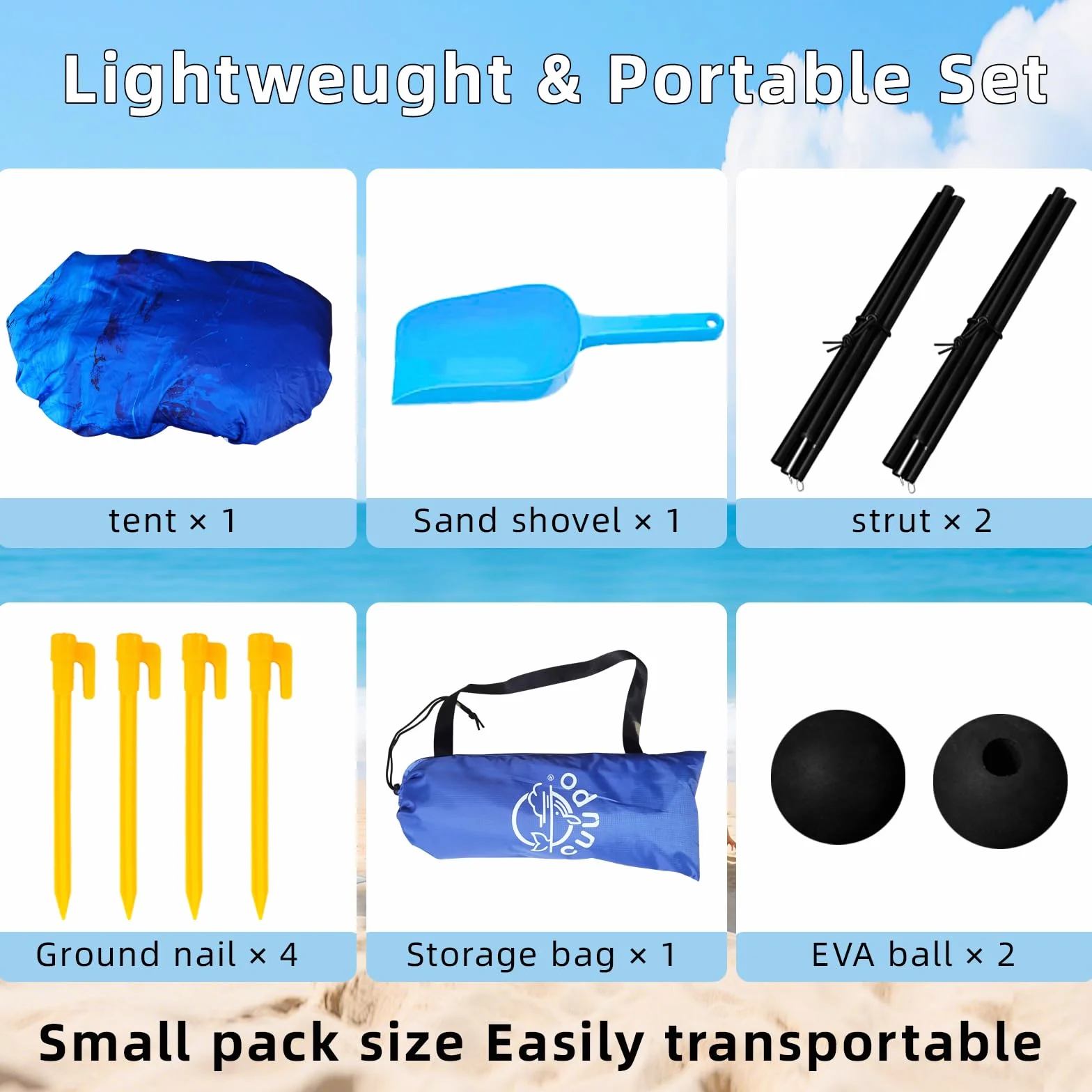 Tenda da spiaggia Pop Up 160 x 200 cm stampa 3D piccola protezione solare UPF50, per esterni, cortile, spiaggia, campeggio, con aste di stabilitàConchiglia blu