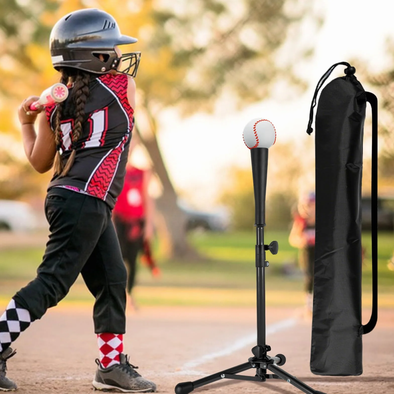 Tee da battuta per baseball, altezza regolabile T Ball Batting Tee, con borsa, supporto ergonomico, treppiede riutilizzabile per lancio softball età 3-8 anni sicurezza portatile