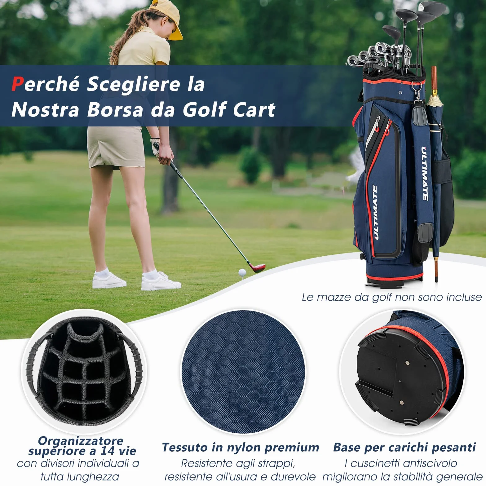 COSTWAY Borsa da Golf Leggera Grande Capacità 14 Divisori 8 Tasche Cappuccio Antipioggia Tracolla Borsa Termica Blu