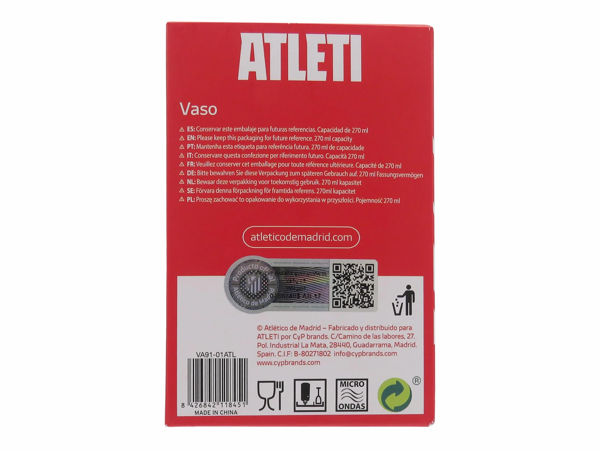 CYPBRANDS Atlético de Madrid Bicchiere da acqua resistente lavabile in lavastoviglie adatto microonde Prodotto ufficiale