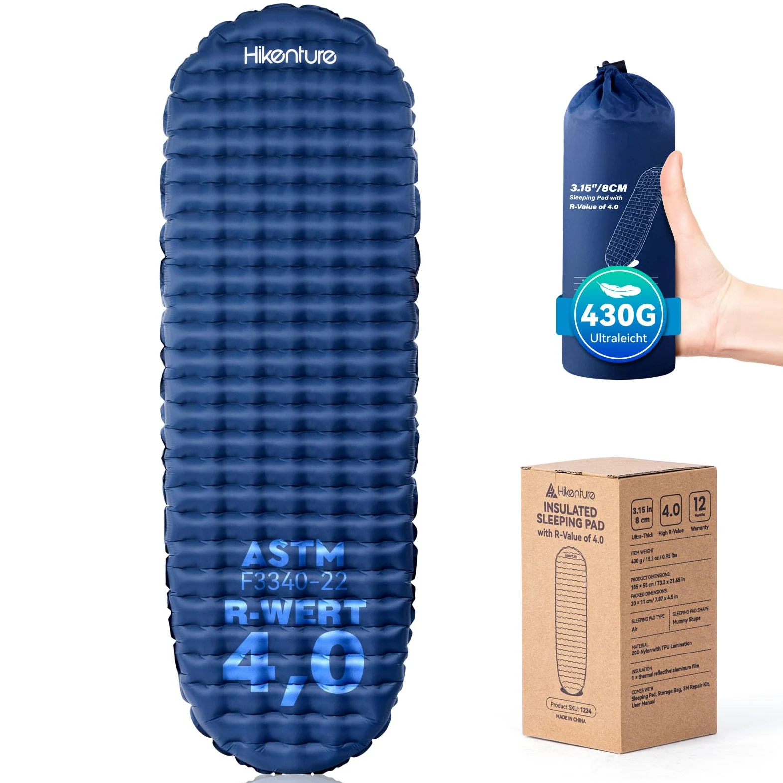 HIKENTURE 430 g, materassino ultraleggero, da campeggio, valore R 4, gonfiabile, blu | Compatto e leggero per lo zaino in spalla, 8 cm di spessore per un elevato comfort, a forma di mummia, per 4 stagioni