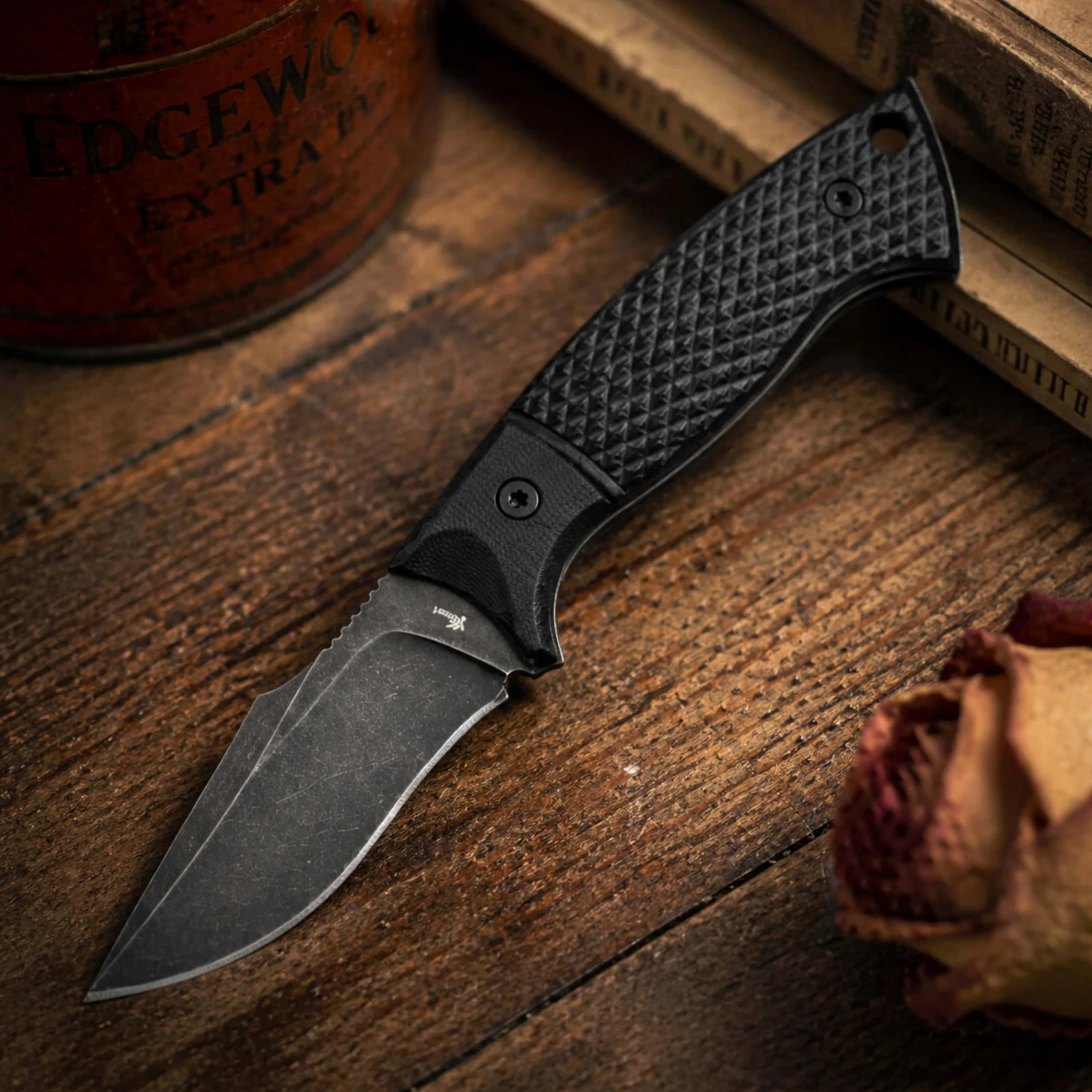 Coltello piccolo con lama fissa: coltello EDC compatto con lama arpione lunga 7,2 cm, manico G-10 testurizzato, ontano continuo, finitura stonewash scuro, fodero stampato a iniezione e Gü
