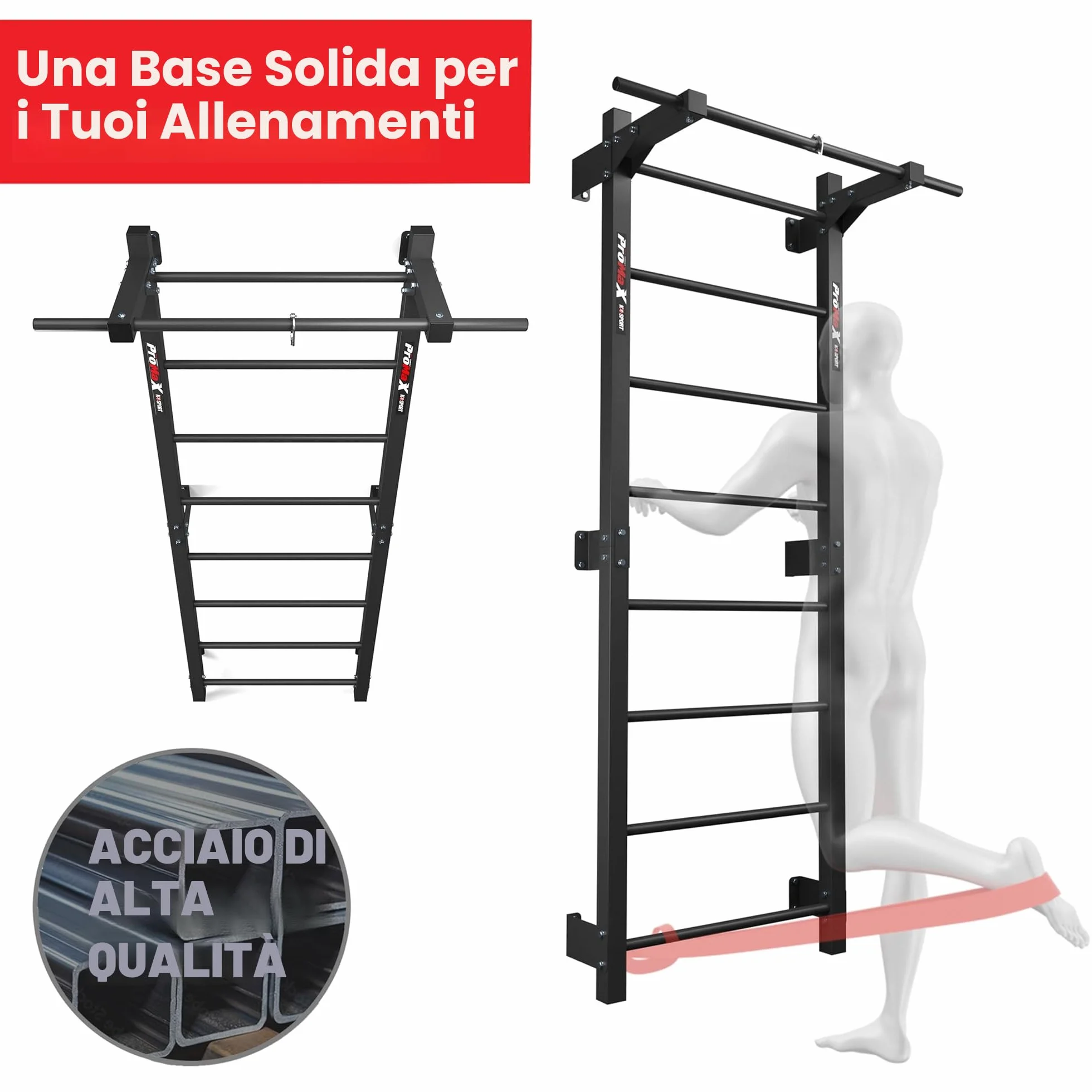 K-Sport Parete a Pioli con 8 Pioli, Portata 250 kg, Parete da Ginnastica con Barra per Trazioni, Parete in Metallo per Arrampicata per Adulti e Bambini