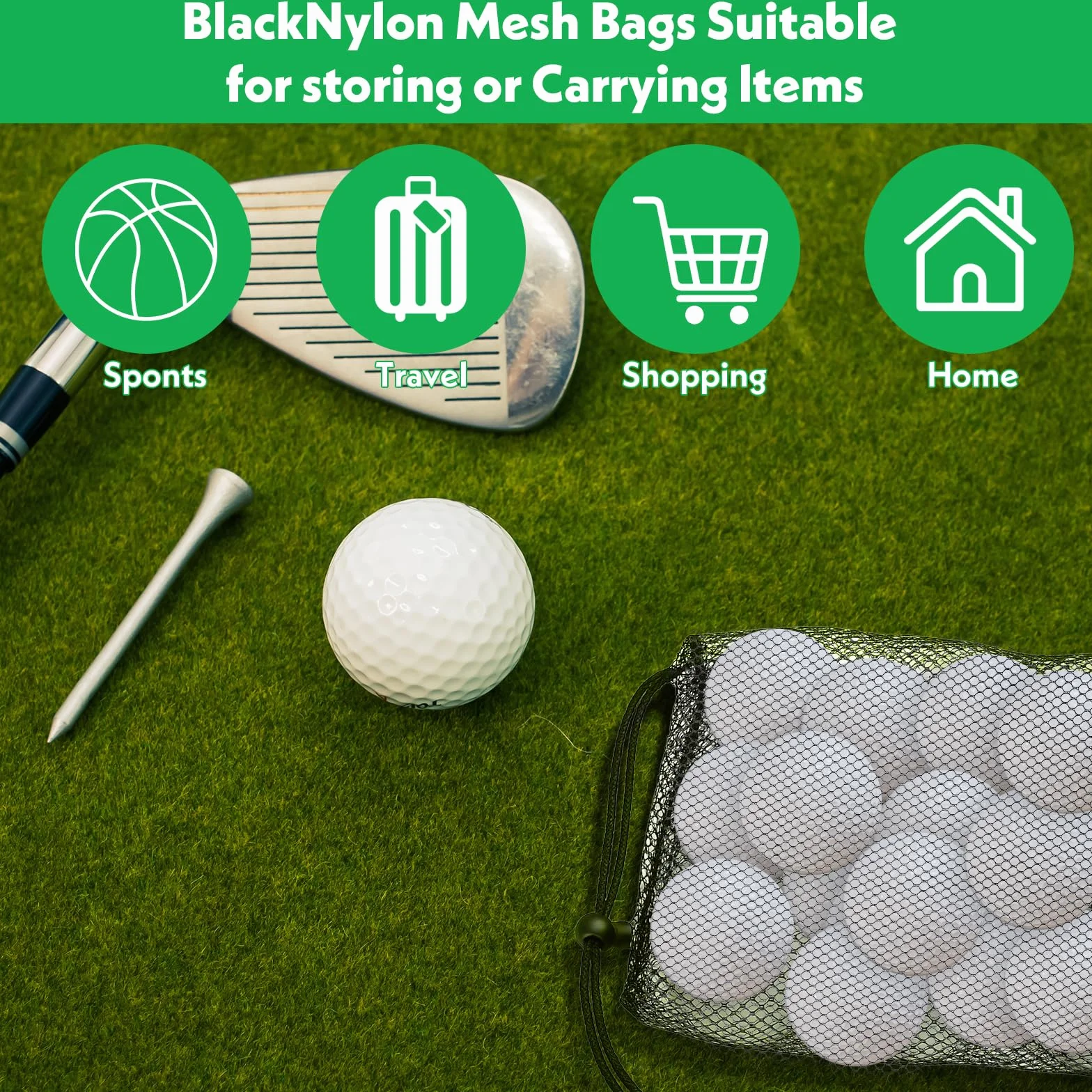 Reti per palline da golf in nylon con coulisse borsa portaoggetti attrezzature sportive 2 misure