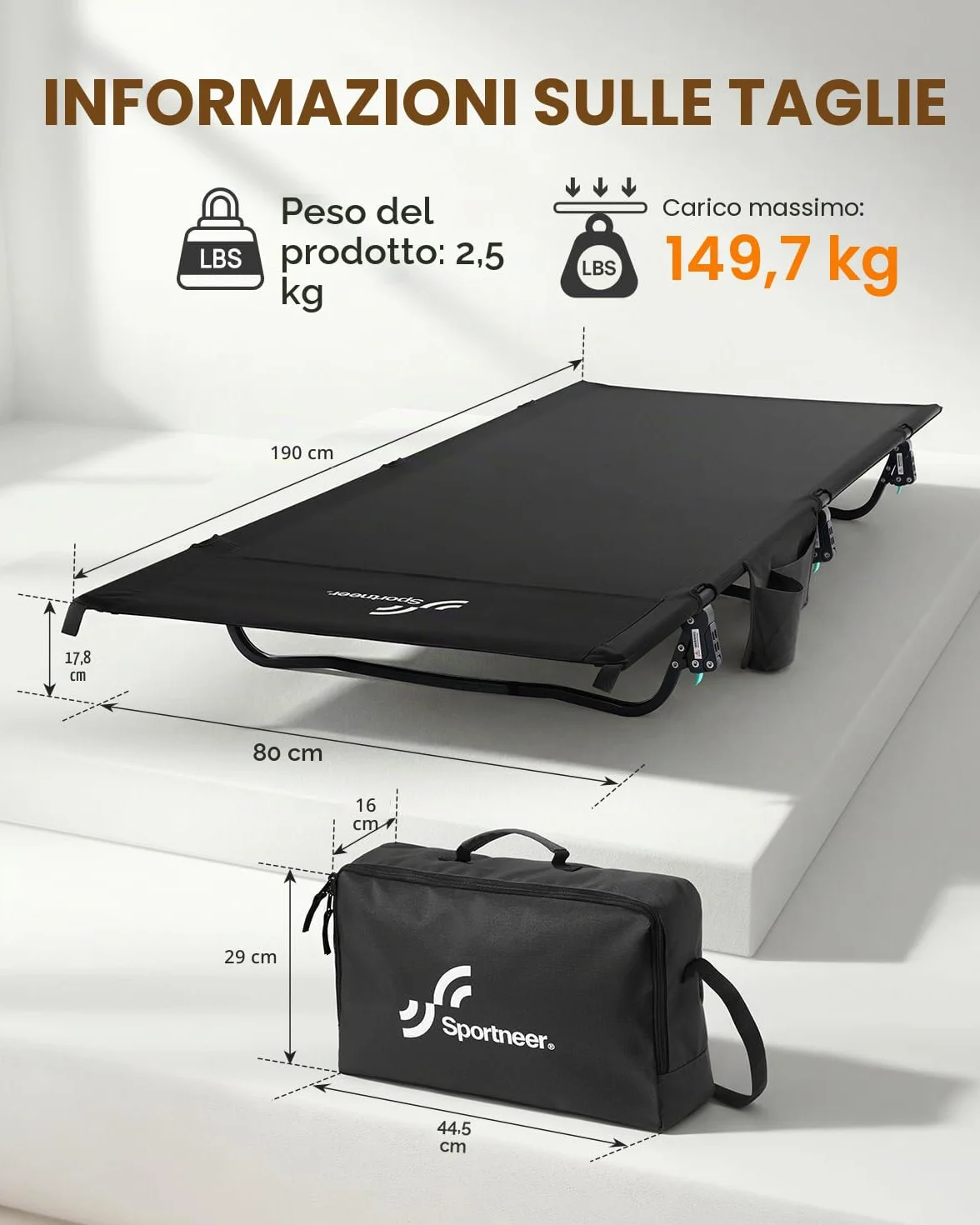 Sportneer Lettino da campeggio pieghevole 80 cm extra largo compatto con tasca laterale leggero
