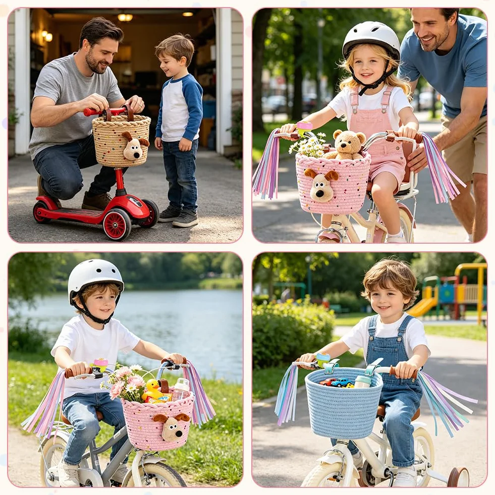 Cestino per bicicletta per bambini in corda di cotone con cinghie in pelle
