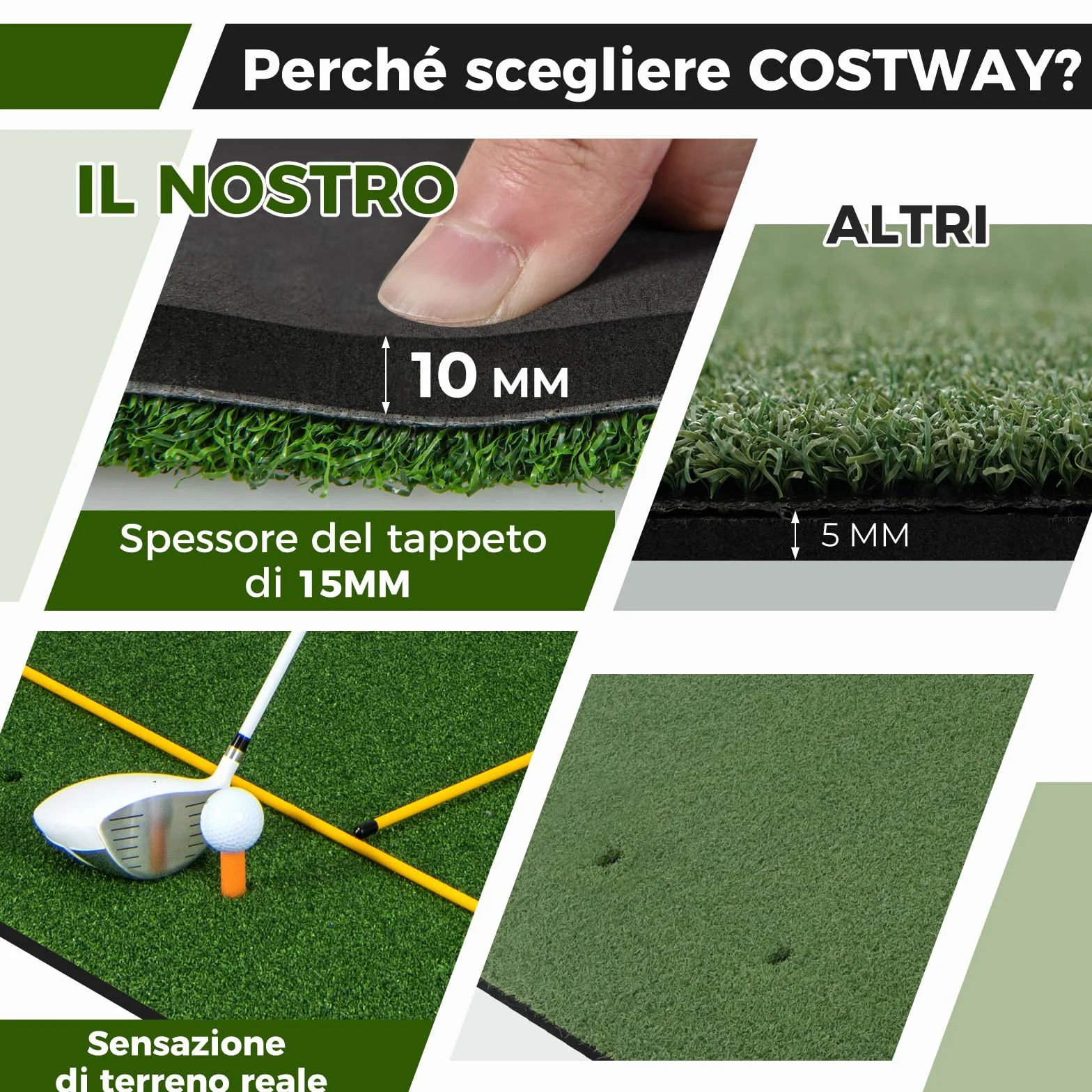 COSTWAY Tappetino da Allenamento Golf 3-in-1 con Erba Sintetica, 2 Punte e Astine di Allineamento