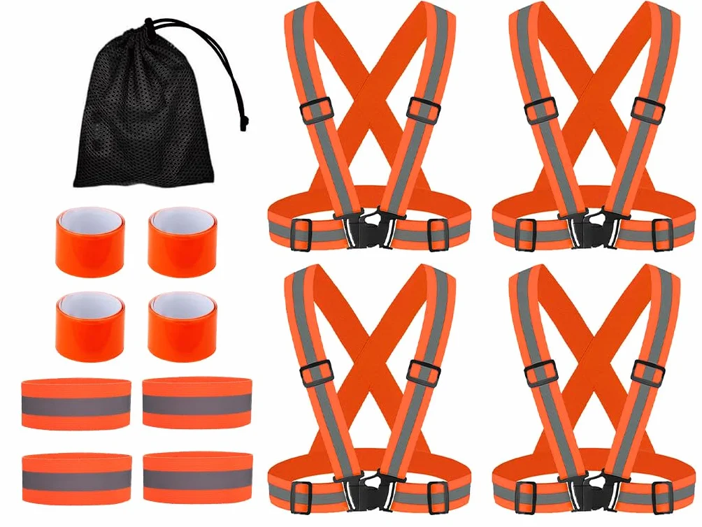 Gilet Catarifrangente ad Alta Visibilità 4 Pezzi con Braccialetti Riflettenti e Borsa, per Corsa Ciclismo