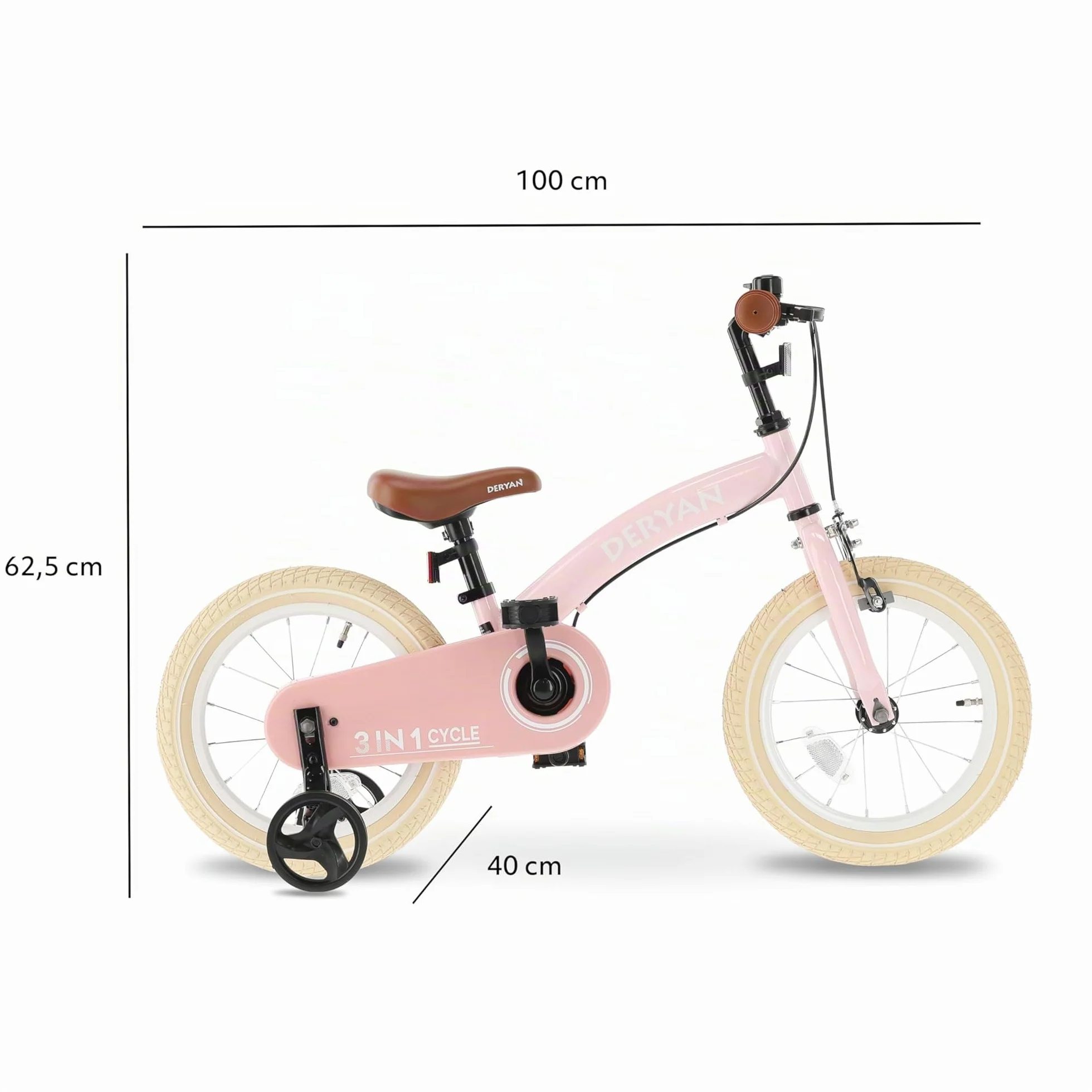 Deryan Bicicletta per Bambini 3 in 1 12 14 16 Pollici con Rotelle e Pneumatici ad Aria