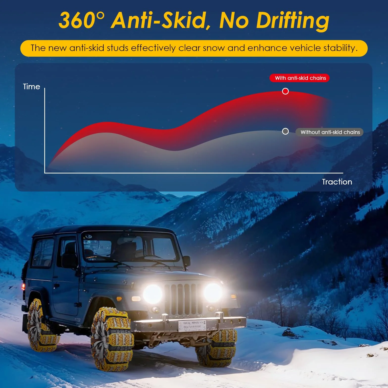 Catene da neve Oziral 8 pezzi regolabili per pneumatici 165-255 mm antiscivolo chiodate Giallo
