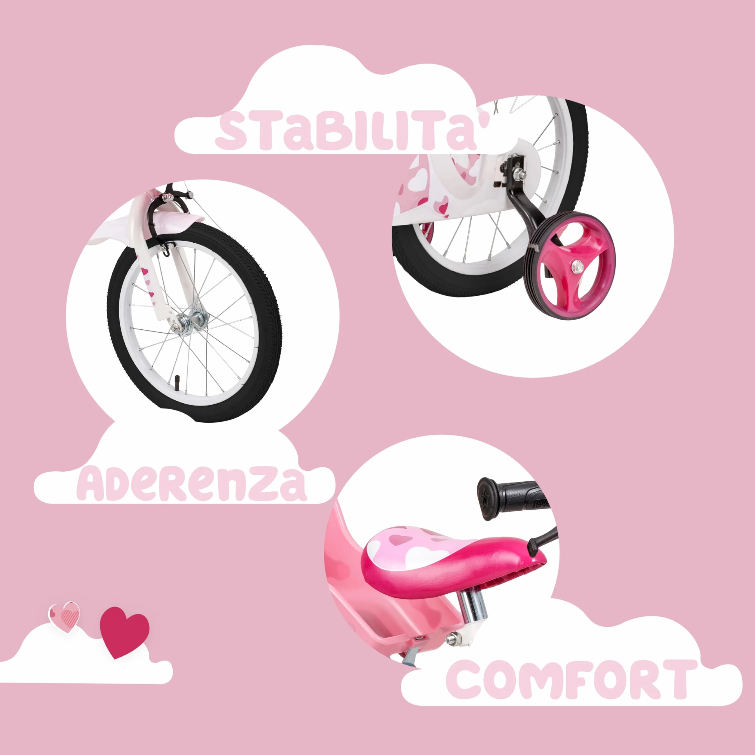 Baroni Toys Bicicletta Bambina Rosa Cuori 12" 14" 16" con Cestino e Rotelle