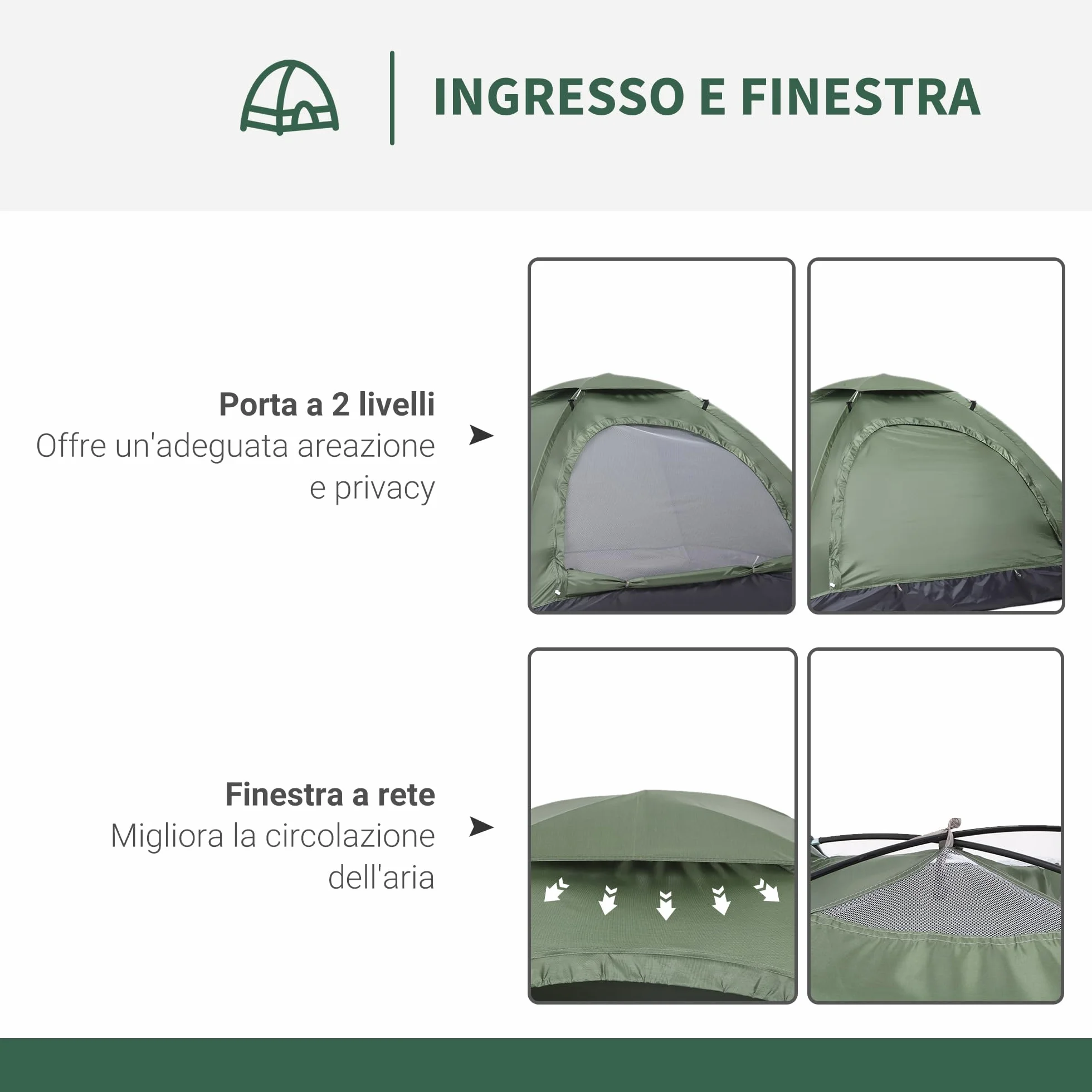 Outsunny Tenda da Campeggio 2 Posti a Igloo con Zanzariera e Sacca di Trasporto, Verde
