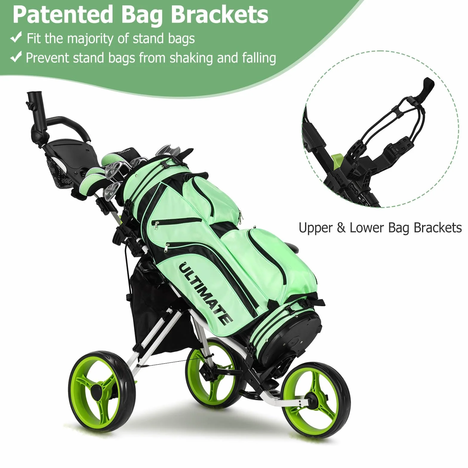 LIFEZEAL Carrello da golf pieghevole 3 ruote con segnapunti portaombrello custodia freno a piede metallo