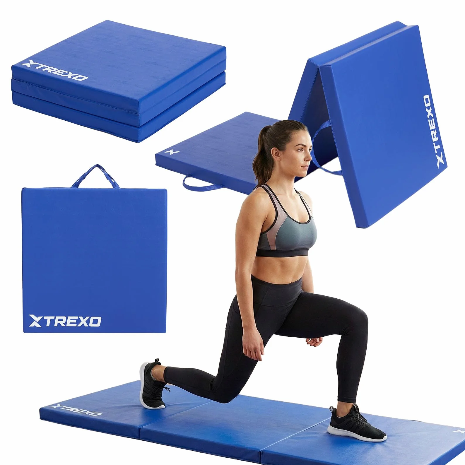 XTREXO Materasso da ginnastica pieghevole, 180 x 60 x 5 cm, 3 pezzi, rivestimento in pelle ecologica resistente all'abrasione, schiuma di polietilene flessibile, maniglia per il trasporto, facile da