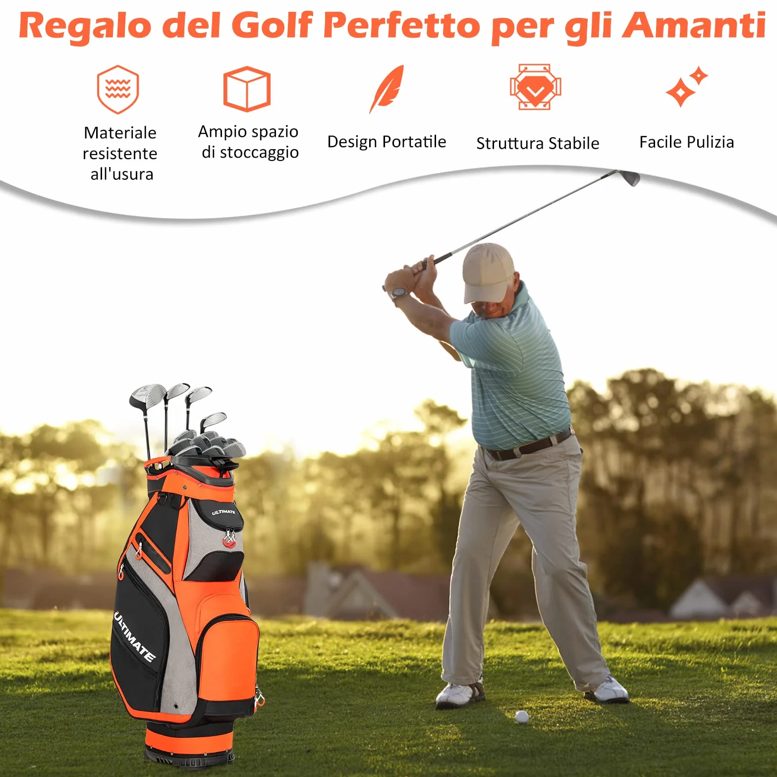 COSTWAY Borsa da Golf Portatile 14 Divisori 7 Tasche Cappuccio Antipioggia Tracolla Manico Portaombrelli Rosso Grigio