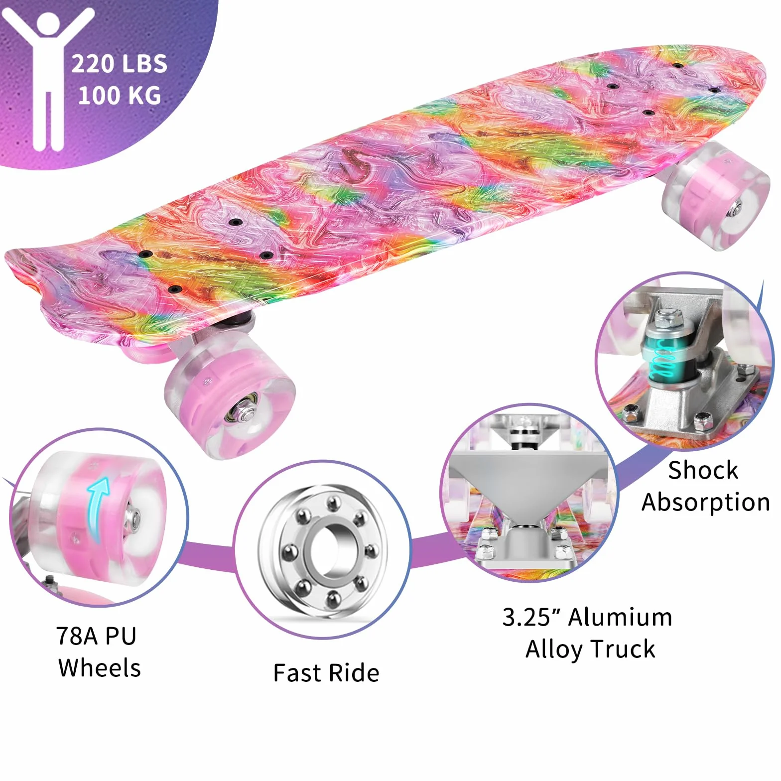 BELEEV Skateboard Cruiser da 55,9 cm per bambini, ragazzi, adolescenti, adulti, principianti, ruote luminose a LED, mini skateboard classico completo con attrezzo a T, carico massimo 99,8 kg