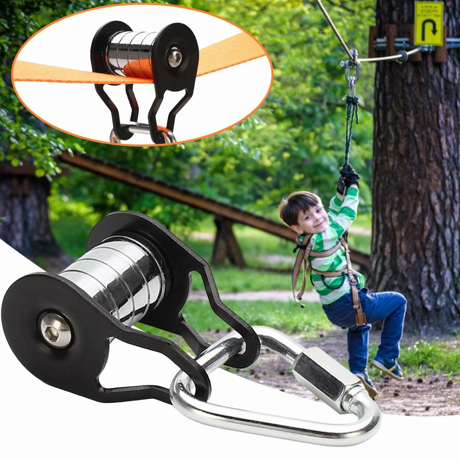 Puleggia per Slackline Carrucola Robusta 5 Rulli Cavo d'Acciaio