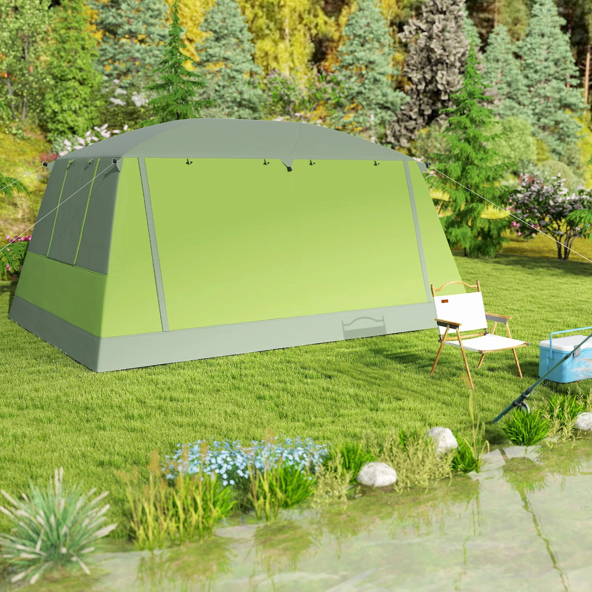 Outsunny Tenda da Campeggio a Tunnel 4 Persone 2 Stanze Impermeabile 3000mm 405x305x225cm Verde