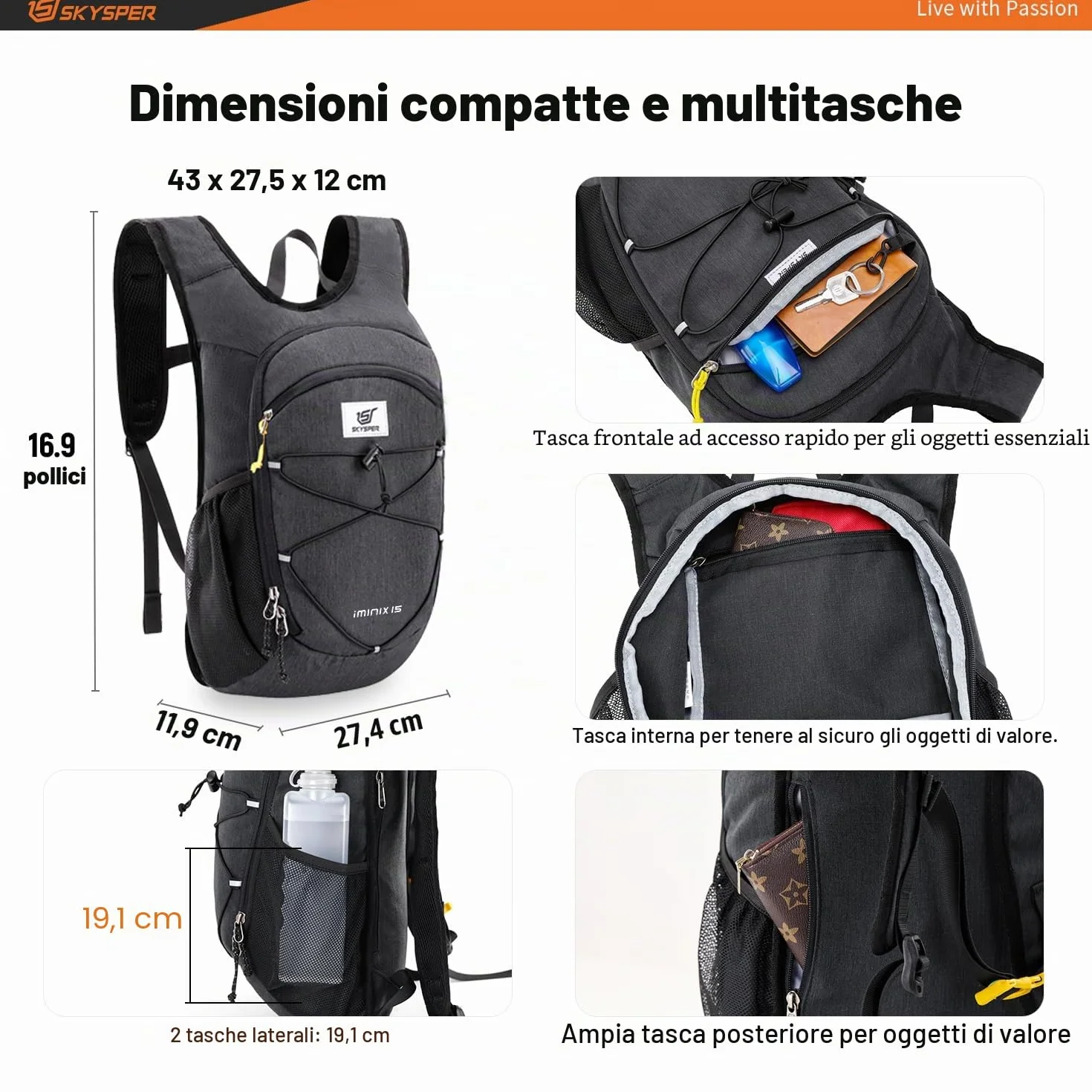 SKYSPER Zaino Pieghevole Leggero 15L Escursione Cinturino Pettorale Ripiegabile da Viaggio Uomo Donna