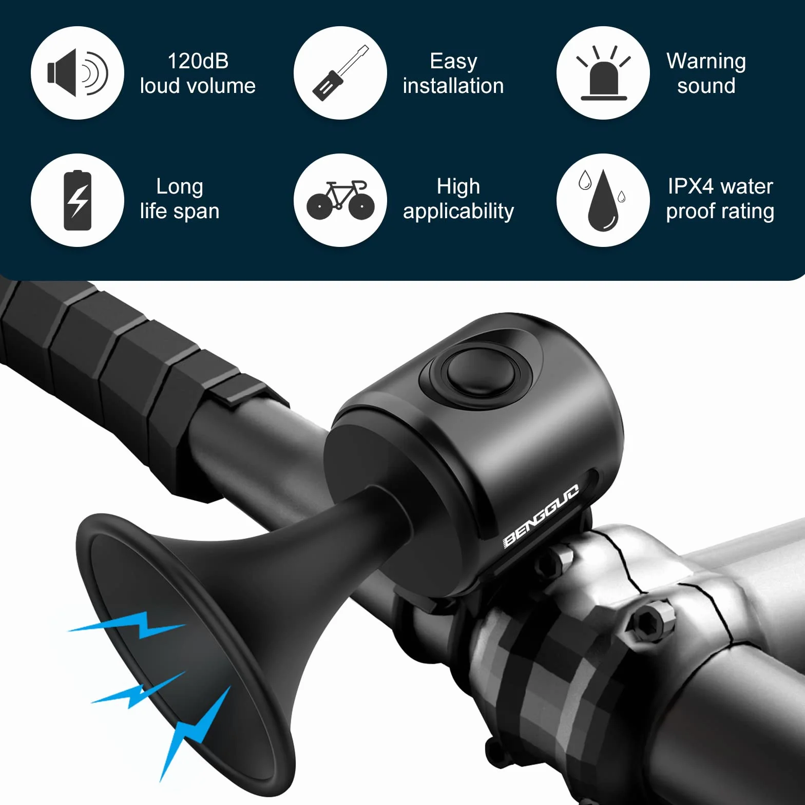Campanello per Bicicletta 120 dB IPX4, Clacson Elettrico Impermeabile per Manubri 15-30 mm, Nero
