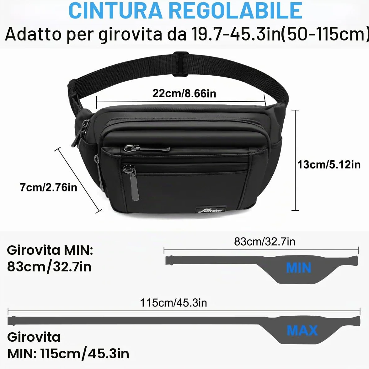 HNOOM Marsupio Impermeabile Uomo Donna Sportivo Lavoro Grande Trekking con Cintura Regolabile 5 Tasche (Nero)