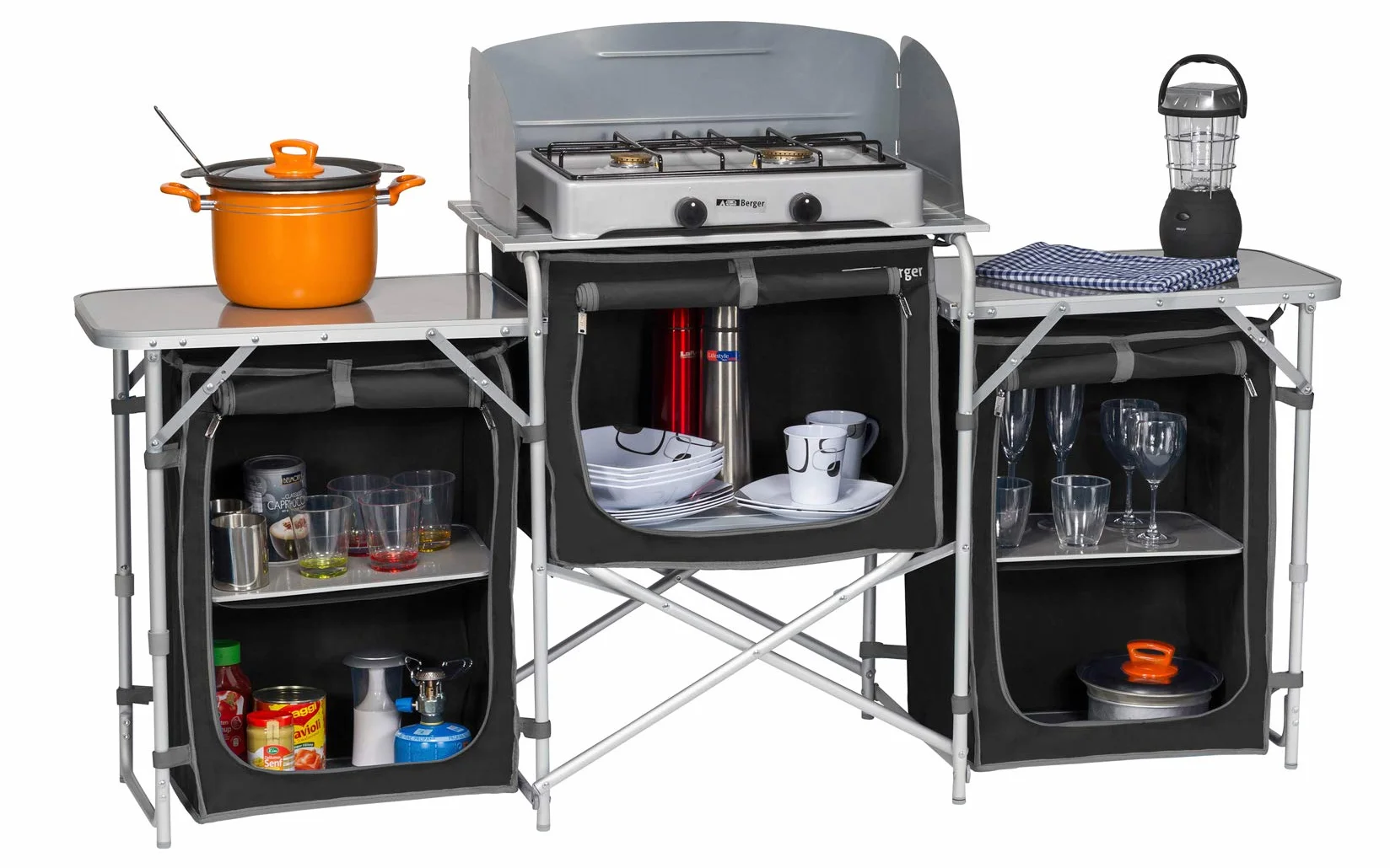 Berger Box cucina da campeggio XL, Nero/Grigio, Telaio in alluminio, 5 scomparti, antivento, con congelatore