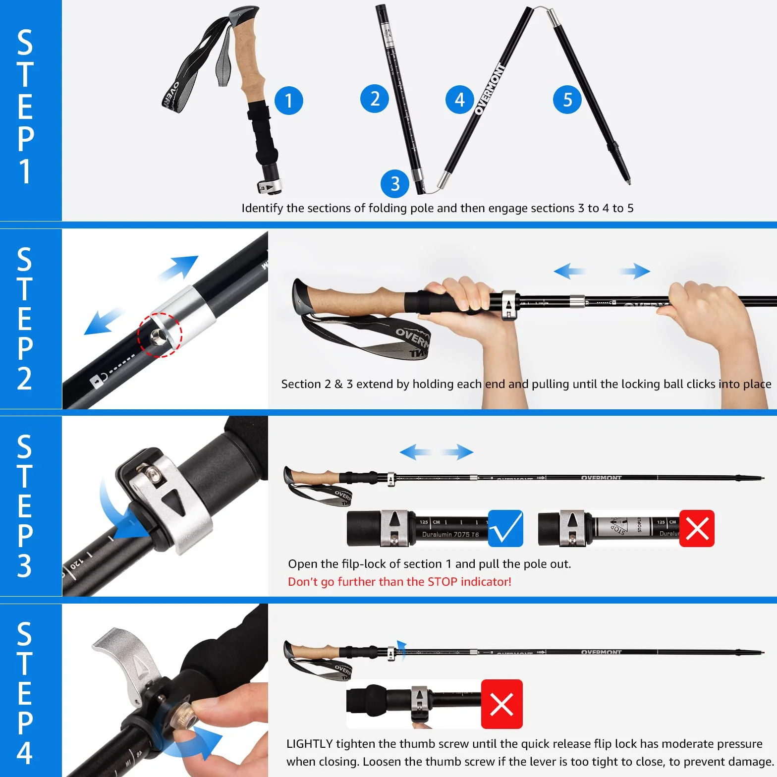 Overmont Bastoni Trekking Pieghevole Regolabile 105-125cm 1 Paio Ultraleggeri Nordic Walking Manico in Sughero