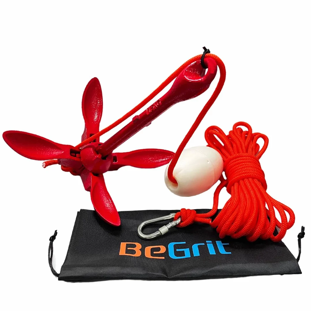 BeGrit Ancora Barca Pieghevole 1.5kg/3.3lb Kit di Ancora Kayak Gommone per SUP Canoe Ancoraggio Ombrello Acciaio Carbonio con Cima Ormeggio Corda Arancione Galleggiante da 10m e Borsa di Stoccaggio