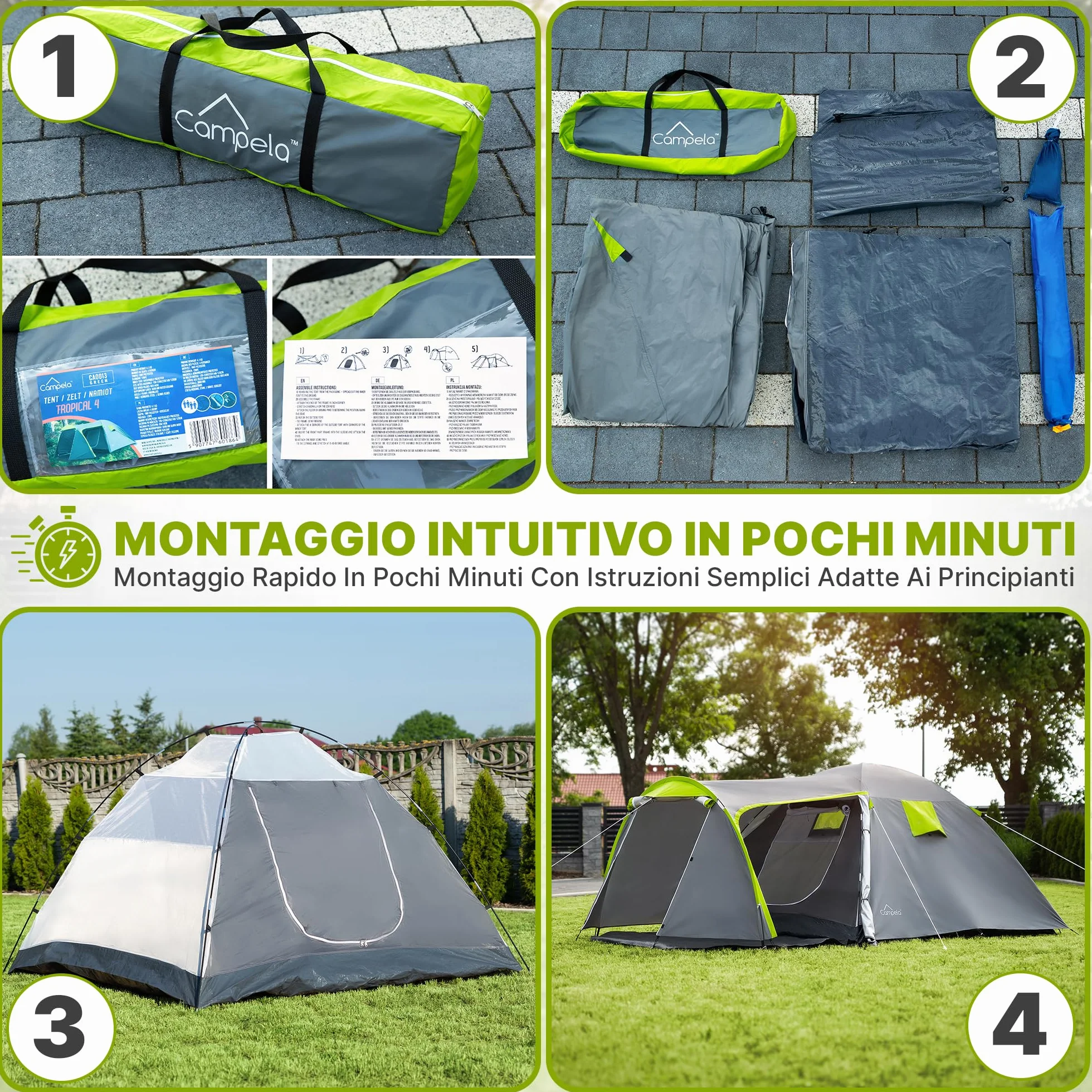 Tenda da Campeggio 4 Posti Impermeabile 3000 mm Doppio Tetto Vestibolo Ampio 2 Ingressi Zanzariera Poliestere 190T Telaio Fibra di Vetro 4,1 kg