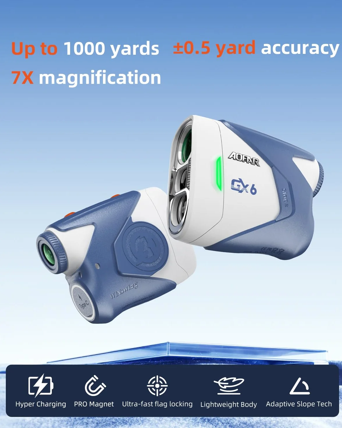 AOFAR GX6 Telemetro Golf 1000Y Precisione ±0,5Y Ricaricabile con Vibrazione e Compensazione Pendenza 7X