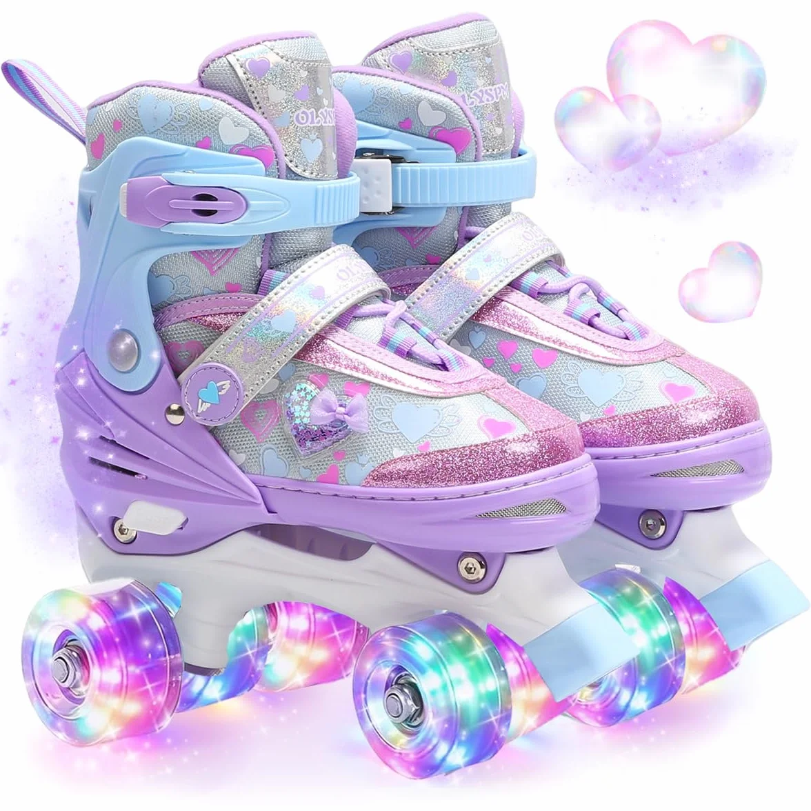 Pattini a Rotelle Bambina con Cuori Sognanti e Ruote Luminose, 4 Taglie Regolabili