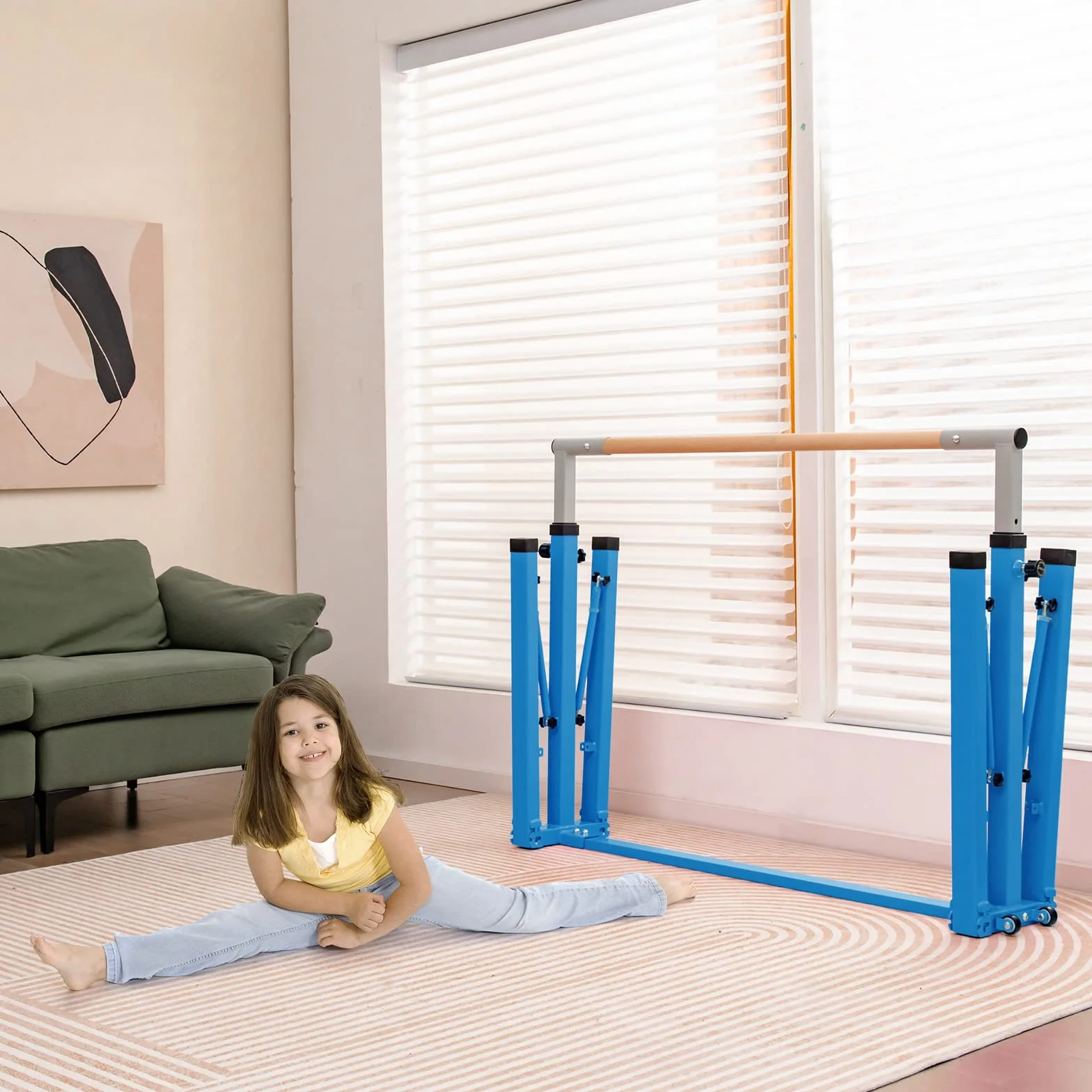 COSTWAY Barra per Ginnastica e Danza per Bambini Pieghevole Portatile, Sbarra Parallela in Metallo e Legno con 13 Altezze Regolabili, Portata 100 kg