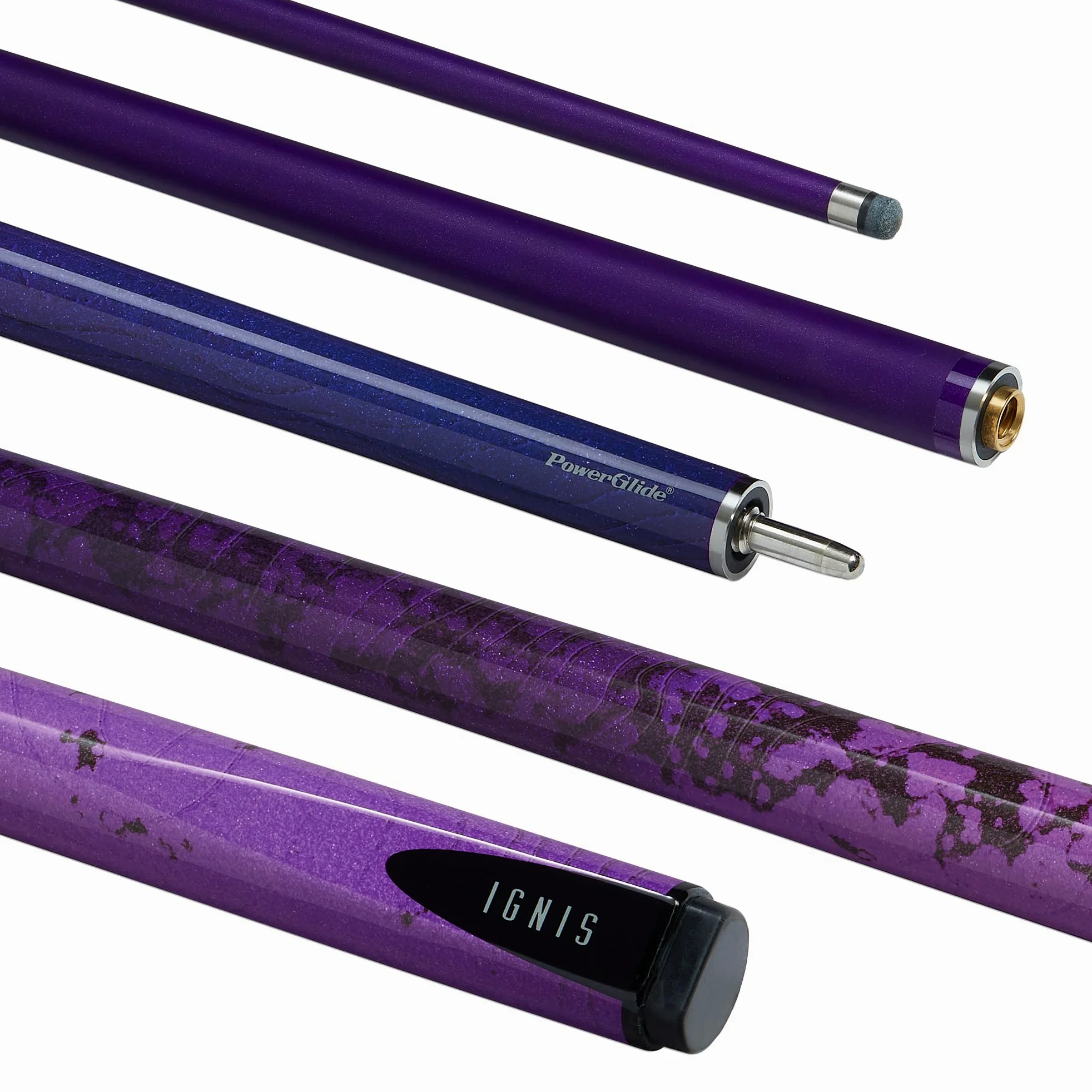 'PowerGlide Snooker Pool or Billiard Cue | Ignis | Carbon & Fibreglass | Ultra Smooth Gloss | Orange & Green, Purple or Black | 2 Piece 50/50 Joint | Full Size 57'' | 10mm | Asstd Weights 18oz & 19oz'