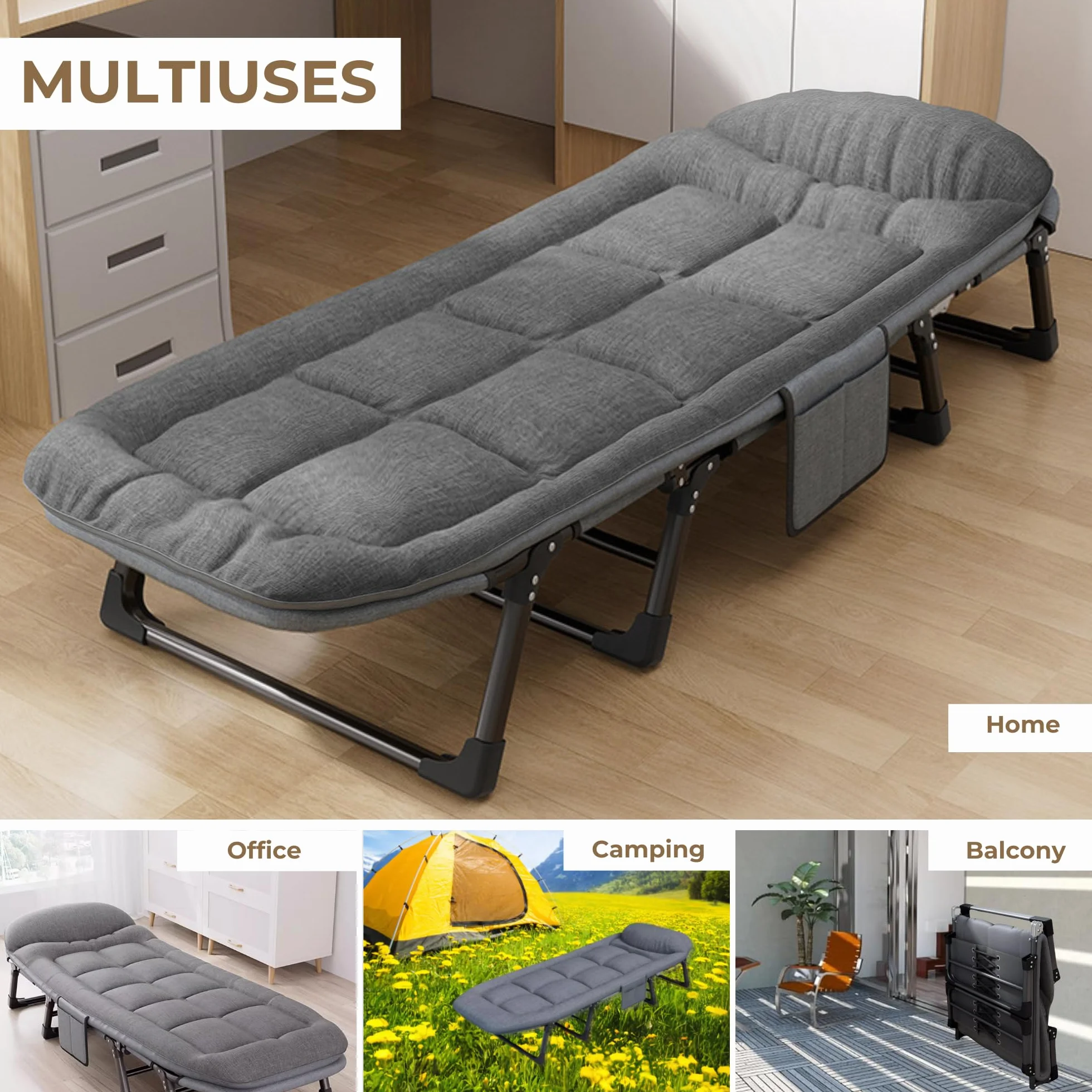 MAGIC SELECT Letto da Campeggio Portatile Imbottito Pieghevole con Cuscino Tasca Cotone Lino 200x63 cm