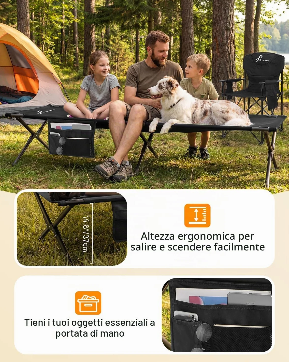 Sportneer Lettino da campeggio pieghevole portatile 198,9 x 72,9 x 37,1 cm per adulti