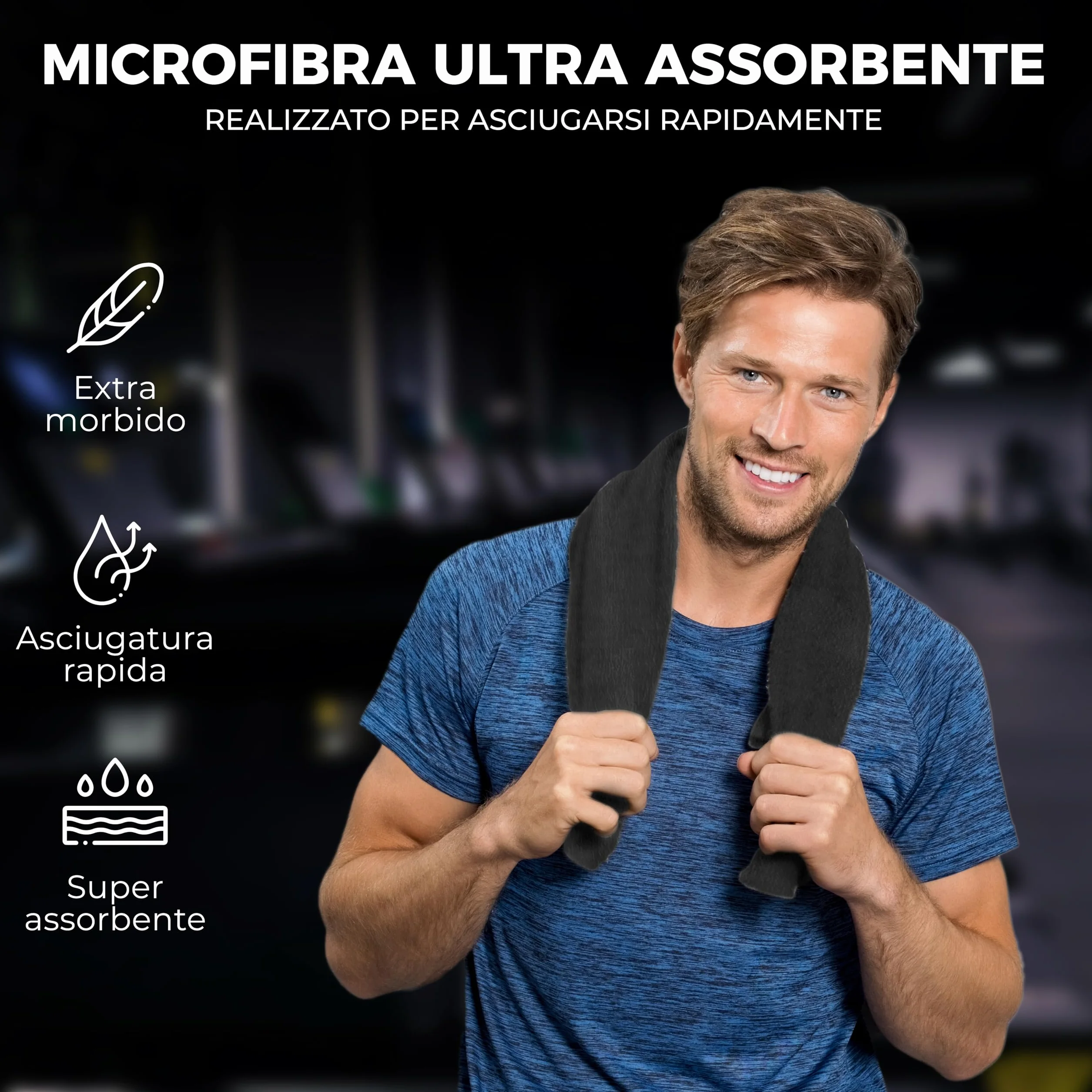 Asciugamano Palestra 100x200cm Microfibra Rapida Asciugatura Telo XXL Nero con Borsa