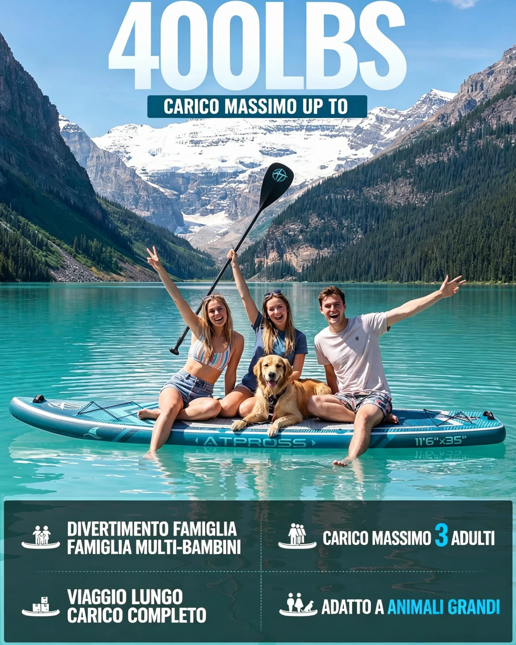 Tavola SUP Gonfiabile 320x84cm Stand Up Paddle Extra Largo per 2 Persone, Portata 200kg, Canoa Gonfiabile Stabile Antiscivolo