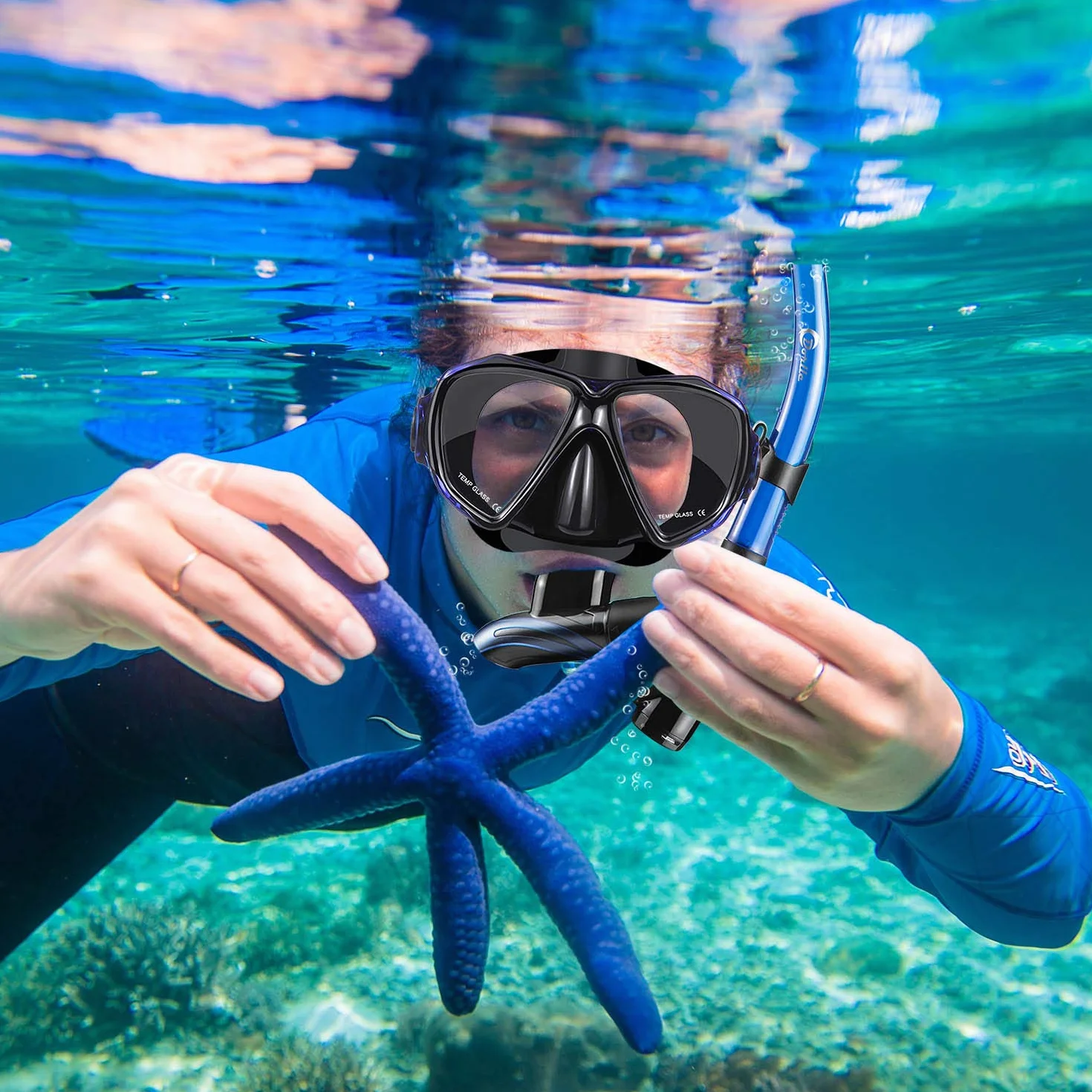 Dorlle Set da snorkeling impermeabile anti-appannamento vetro temperato Premium Dry per adulti