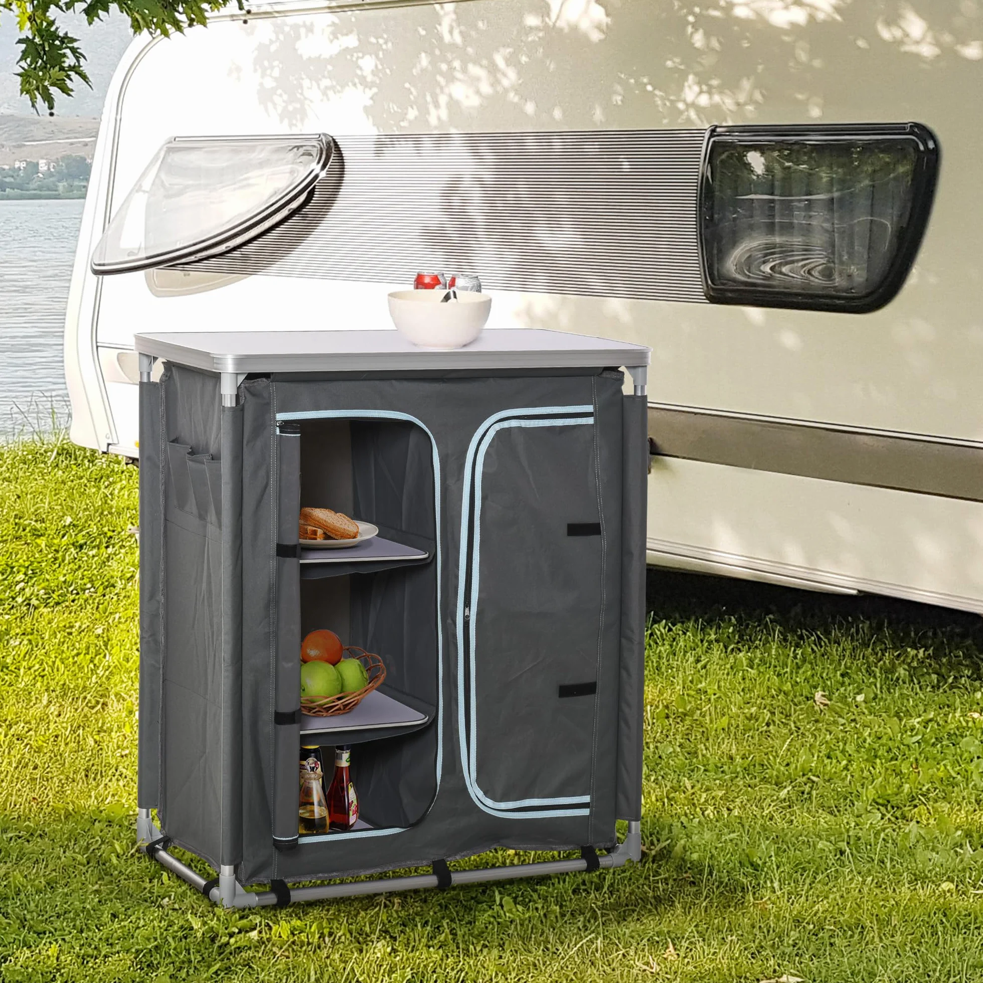 Outsunny Cucina da Campeggio Doppio Armadietto 96Lx49.5Px104cm Grigio Telaio Alluminio