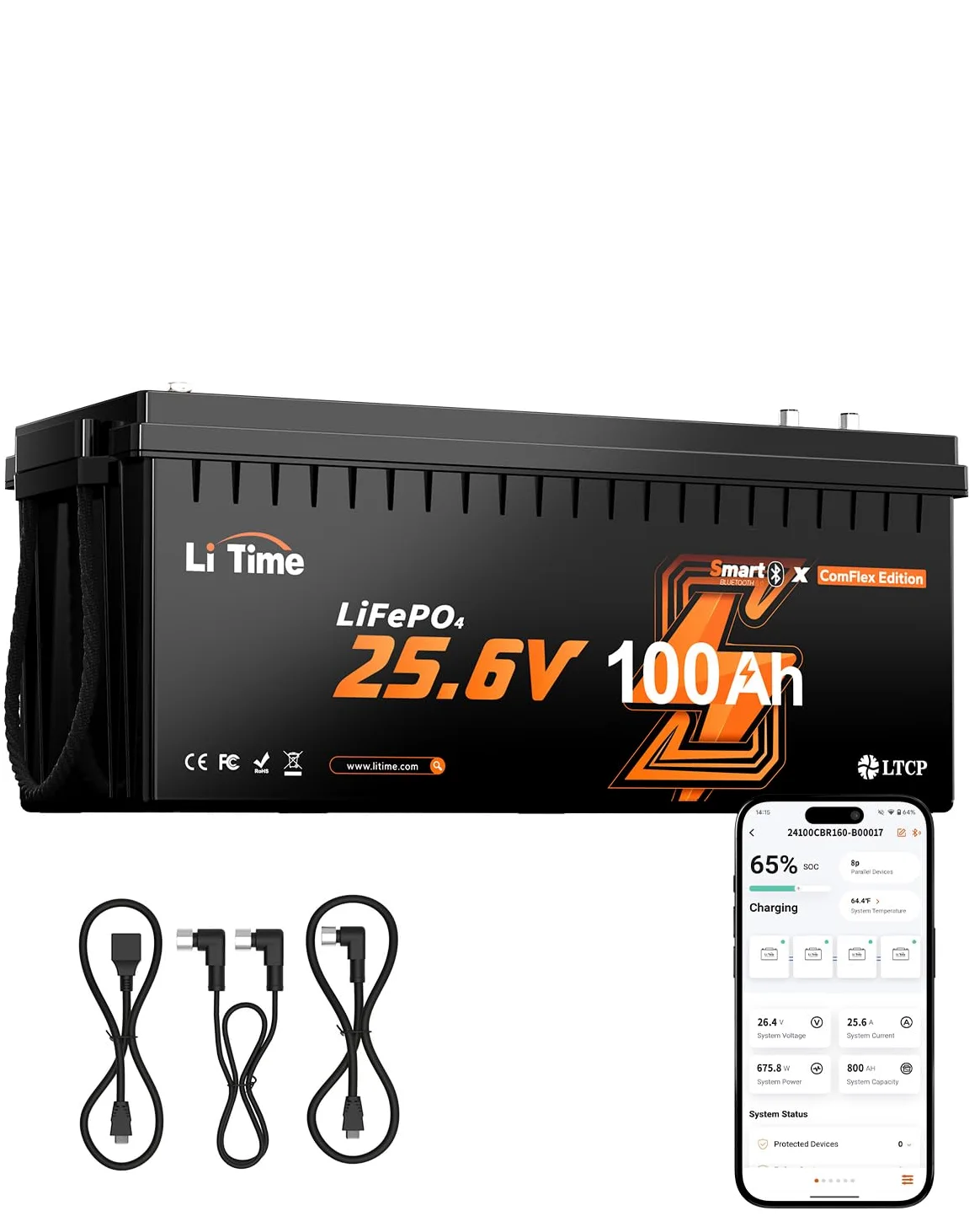 LiTime Batteria Litio 24V 100Ah LiFePO4 con Bluetooth supporta Victron, CAN/RS485, BMS 100A, 4000-15000 Cicli, Protezione Temperatura, Ideale per Camper, Barche, Sistemi Off-Grid