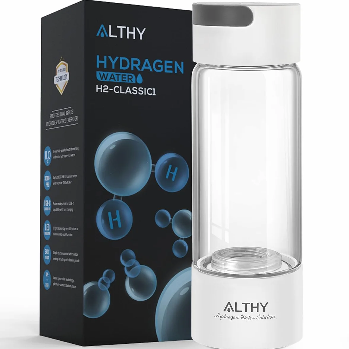 ALTHY Borraccia Acqua Idrogenata, Tecnologia SPE PEM Ionizzatore Generatore Di Acqua Idrogenata, boccetta di vetro, Con Adattatore Per Inalatore, Adatto Al Lavoro, Allo Sport e Al Bere Quotidiano