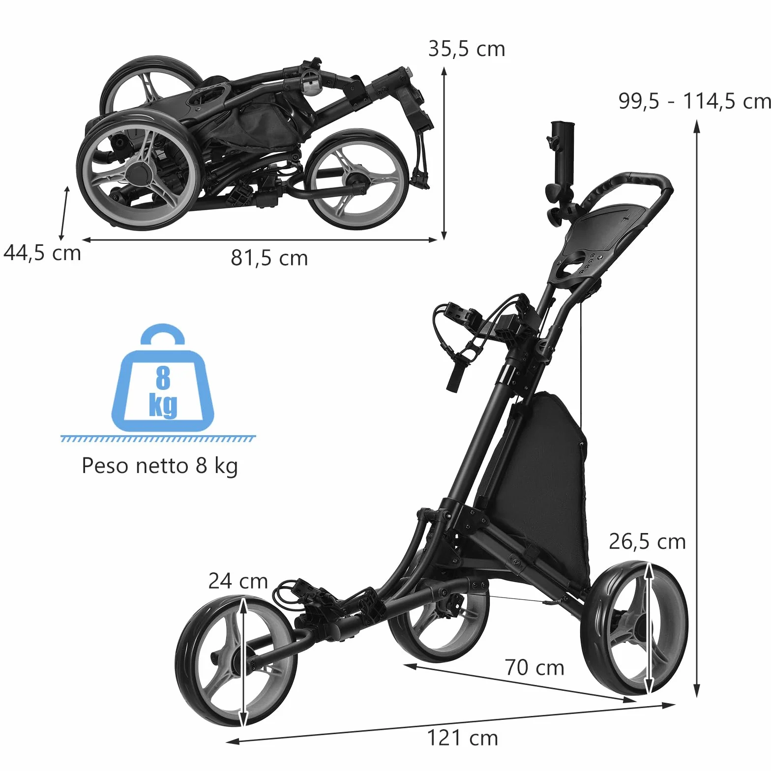 COSTWAY Pieghevole Carrello da Golf 3 Ruote Alluminio Cinghia Elastica Portaombrello Porta Bicchiere Segnapunti Freno a Pedale