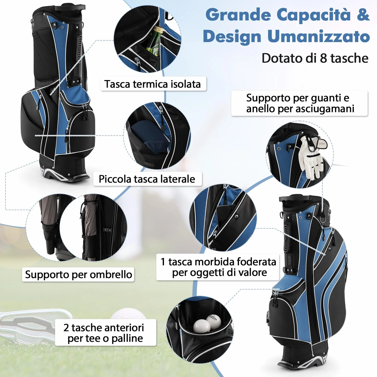 COSTWAY Borsa da Golf con Supporto, Sacca Mazze 6 Divisori, 7 Tasche Cerniera, Borsa Termica, Portaombrelli, Leggera Portatile Tracolla Blu