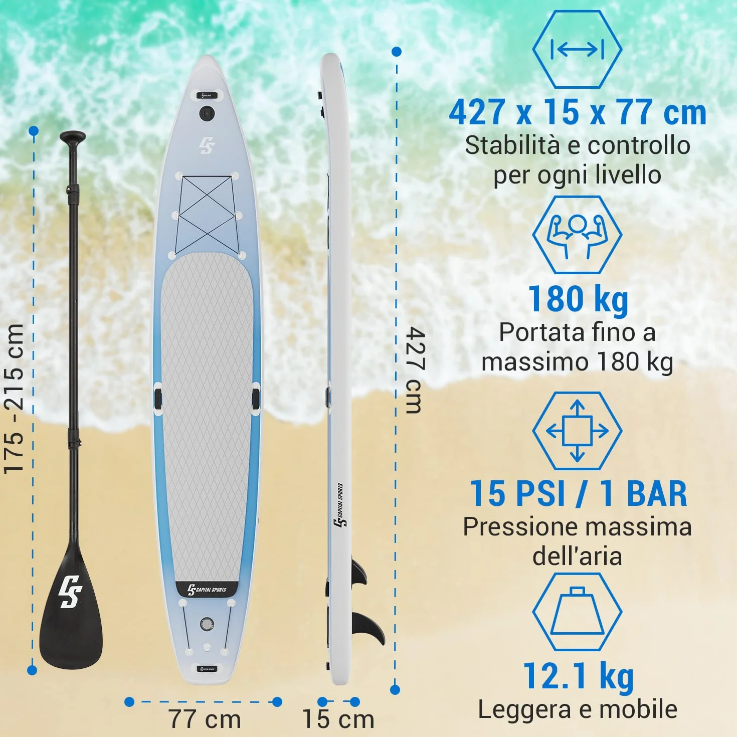 CAPITAL SPORTS SUP, Tavola SUP Gonfiabile per Adulti e Bambini, Versatile Stand Up Paddle con Pagaia SUP, Borsa da Trasporto, Pompa SUP e Accessori da Paddle Board e Kayak