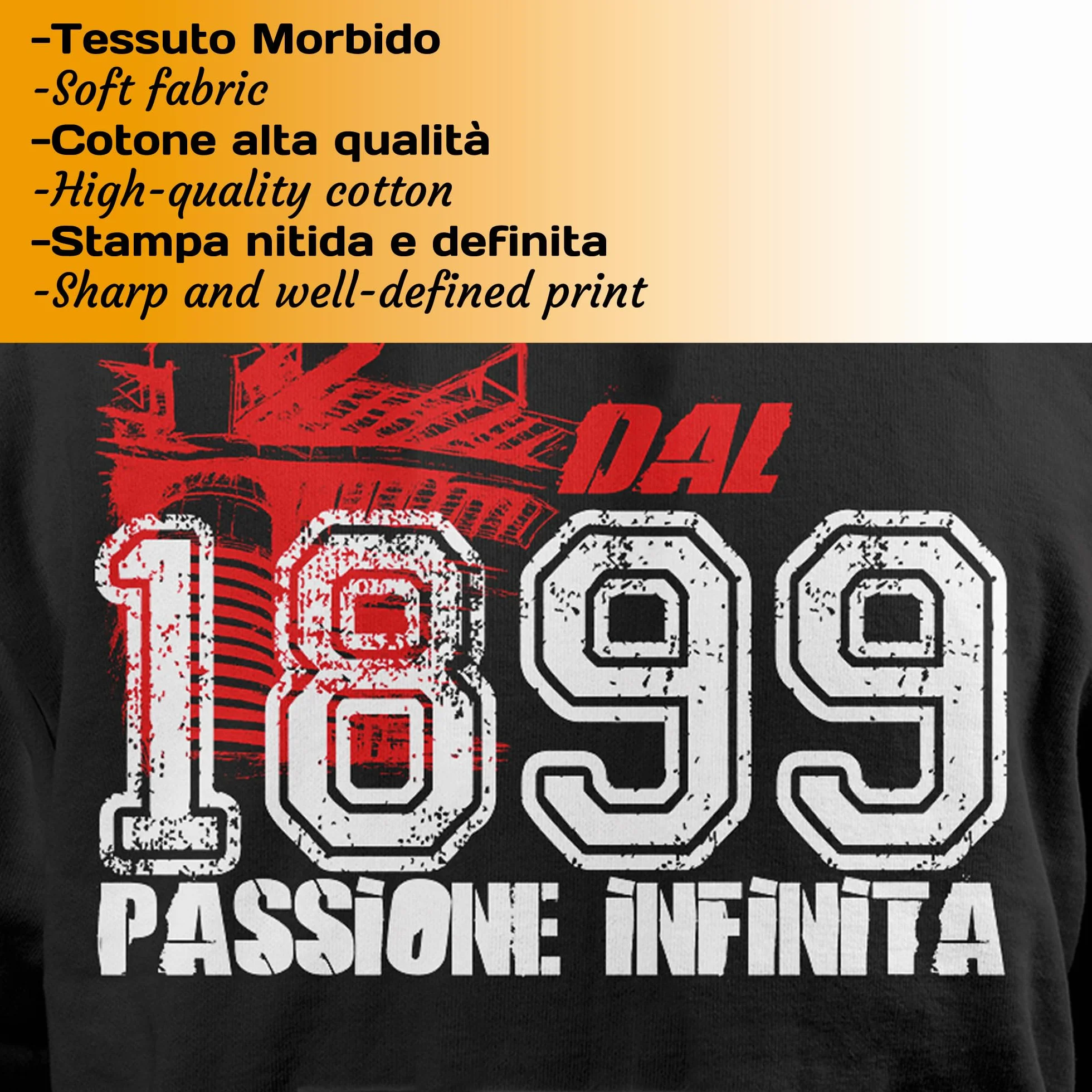 Felpa Sportiva Celebrativa Passione Infinita Milano con Cappuccio Regolabile Cotone Felpato Made in Italy