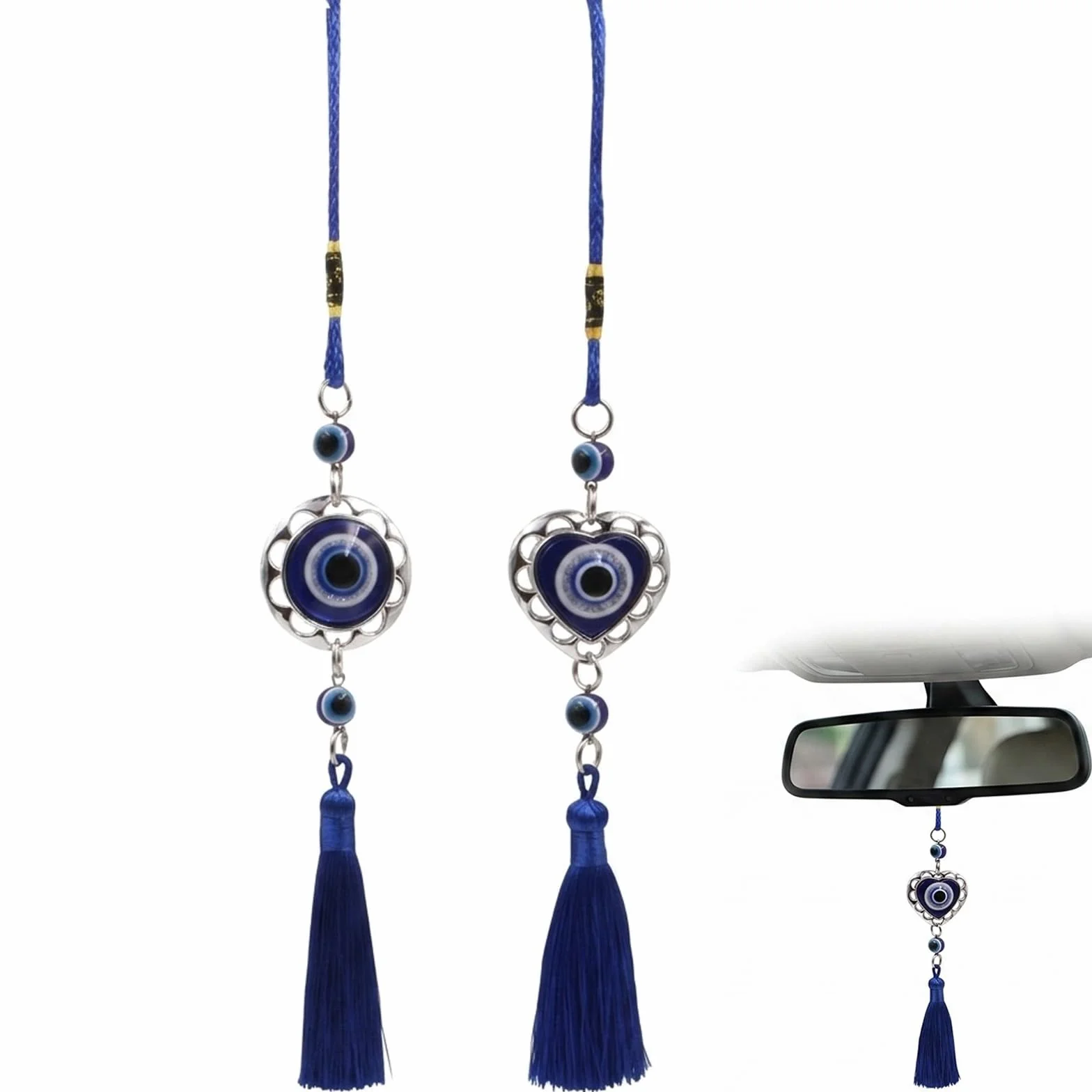 2 Pezzi Occhio Turco Portafortuna per Auto, Amuleto contro il Malocchio per Specchietto Retrovisore, Decorazioni Auto e Casa in Lega e Vetro Blu, Regalo Auto Nuova (Forma Rotonda e Cuore)