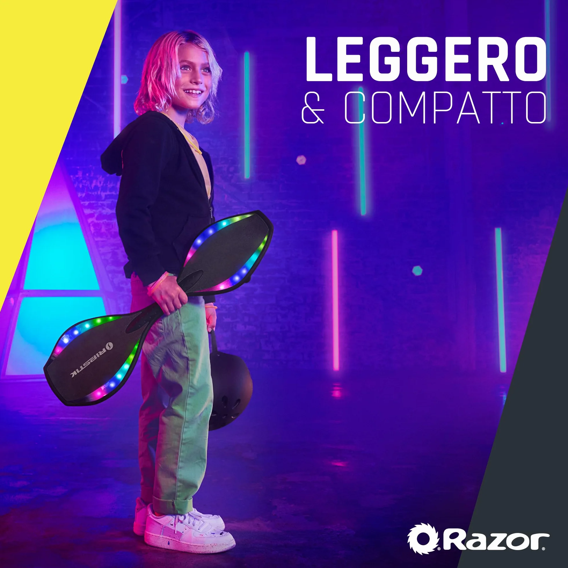 Razor Ripster Lightshow Waveboard - Tavola a Rotelle per Bambini Dagli 8 anni in su con Sterzo a 360°, Ponte Luminoso Attivato dal Movimento, 5 Modalità di Luce, Antiscivolo - Nero